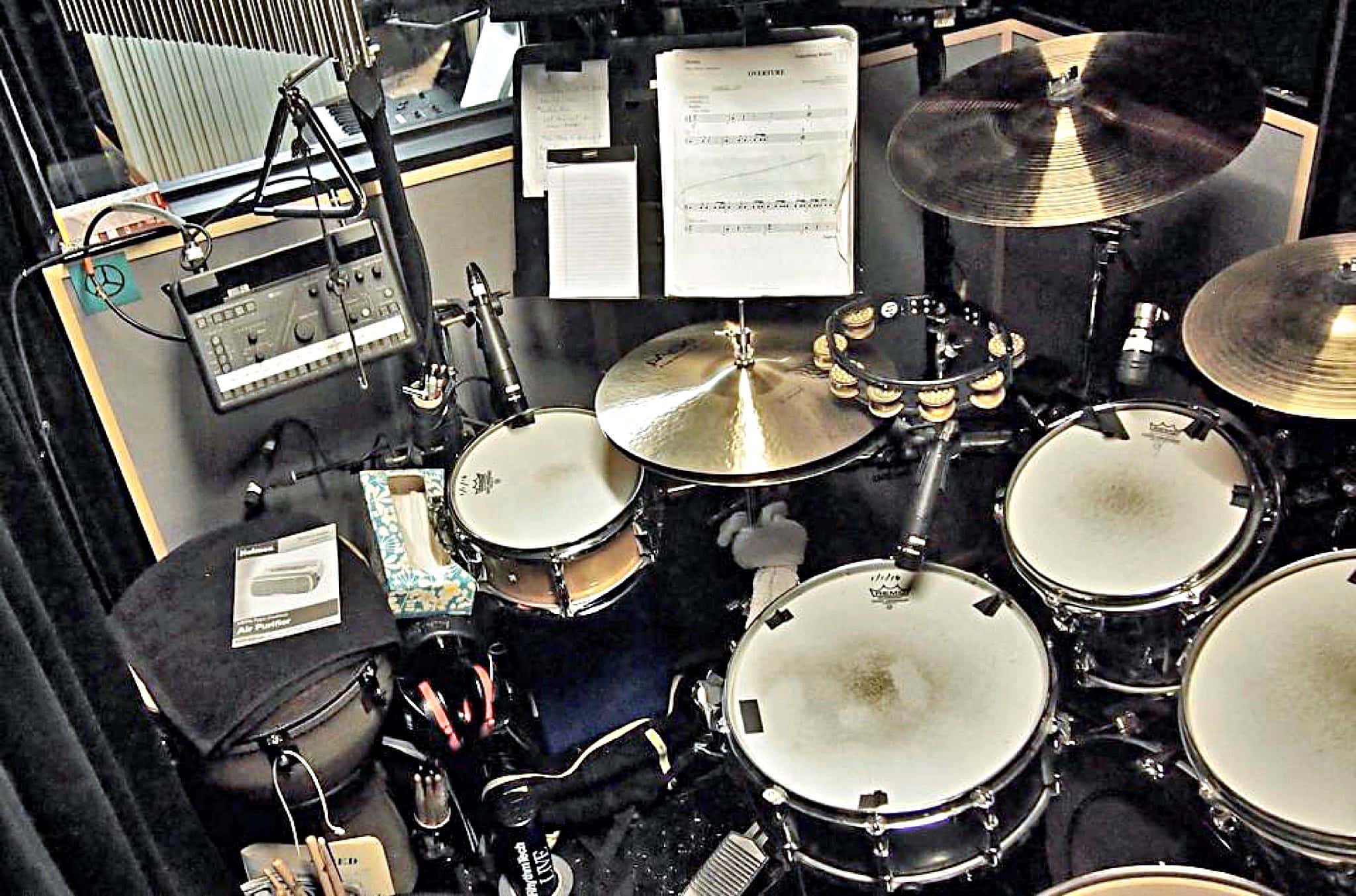 Perry Cavari's drum set setup for the Broadway production of Something Rotten at the St James Theatre.