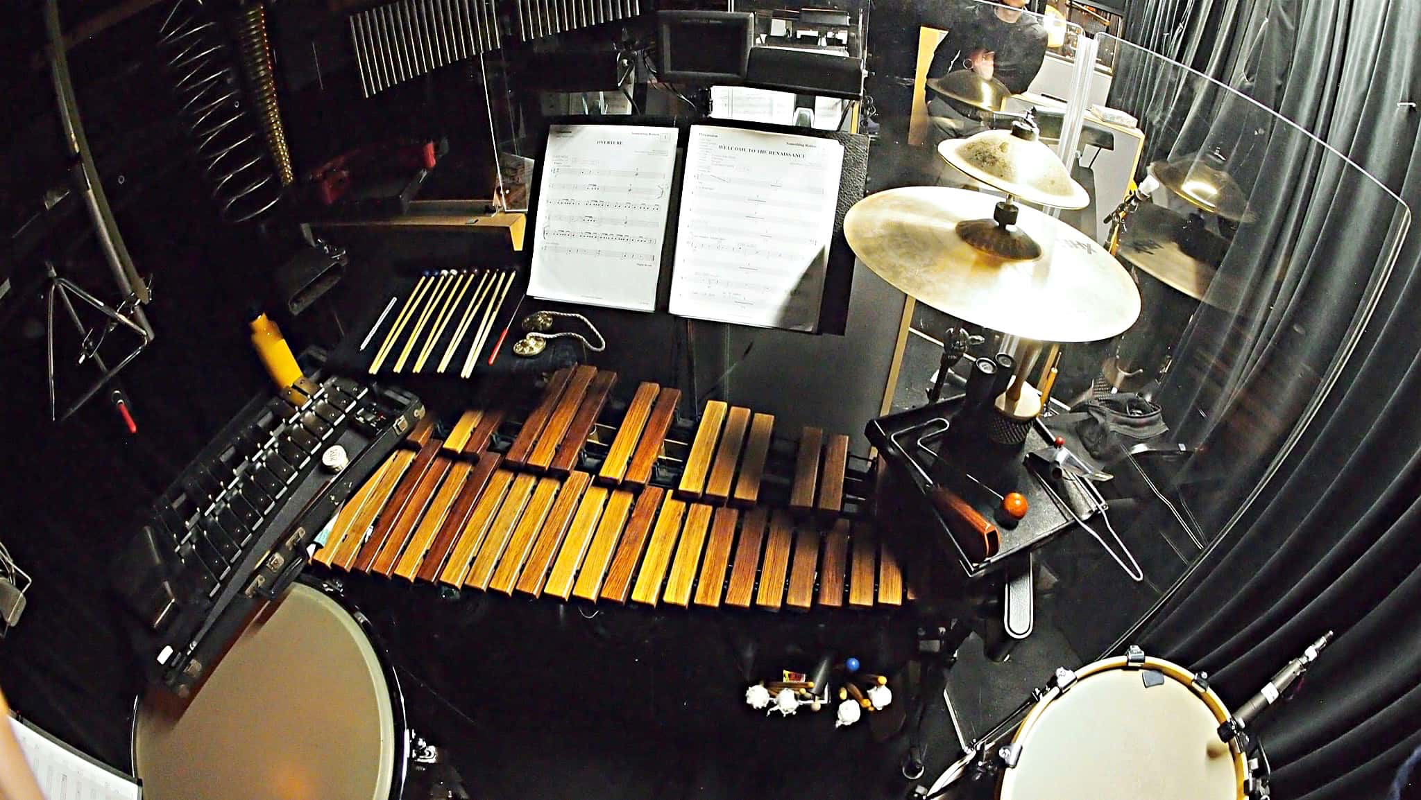 Sean Ritenauer's percussion setup for the Broadway production of Something Rotten at the St James Theatre.