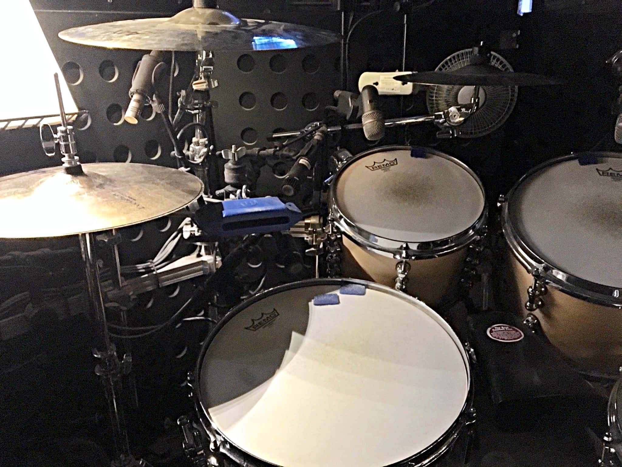 Tim Goodyer's drum set setup for The Book of Mormon at the Prince of Wales Theatre in London's West End.