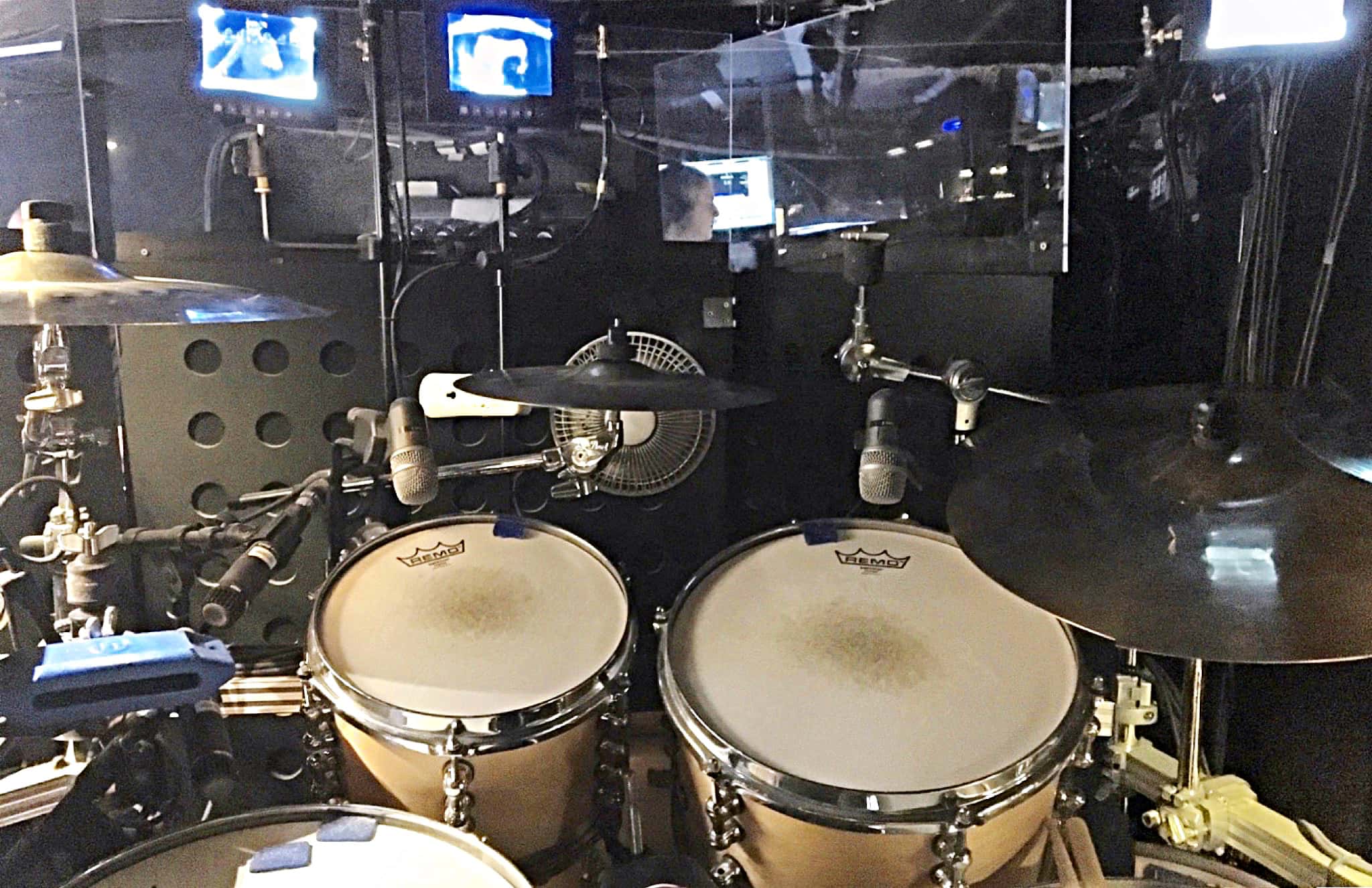 Tim Goodyer's drum set setup for The Book of Mormon at the Prince of Wales Theatre in London's West End.