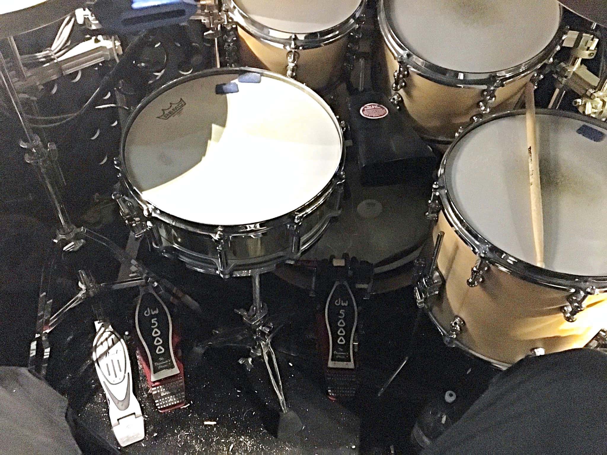 Tim Goodyer's drum set setup for The Book of Mormon at the Prince of Wales Theatre in London's West End.