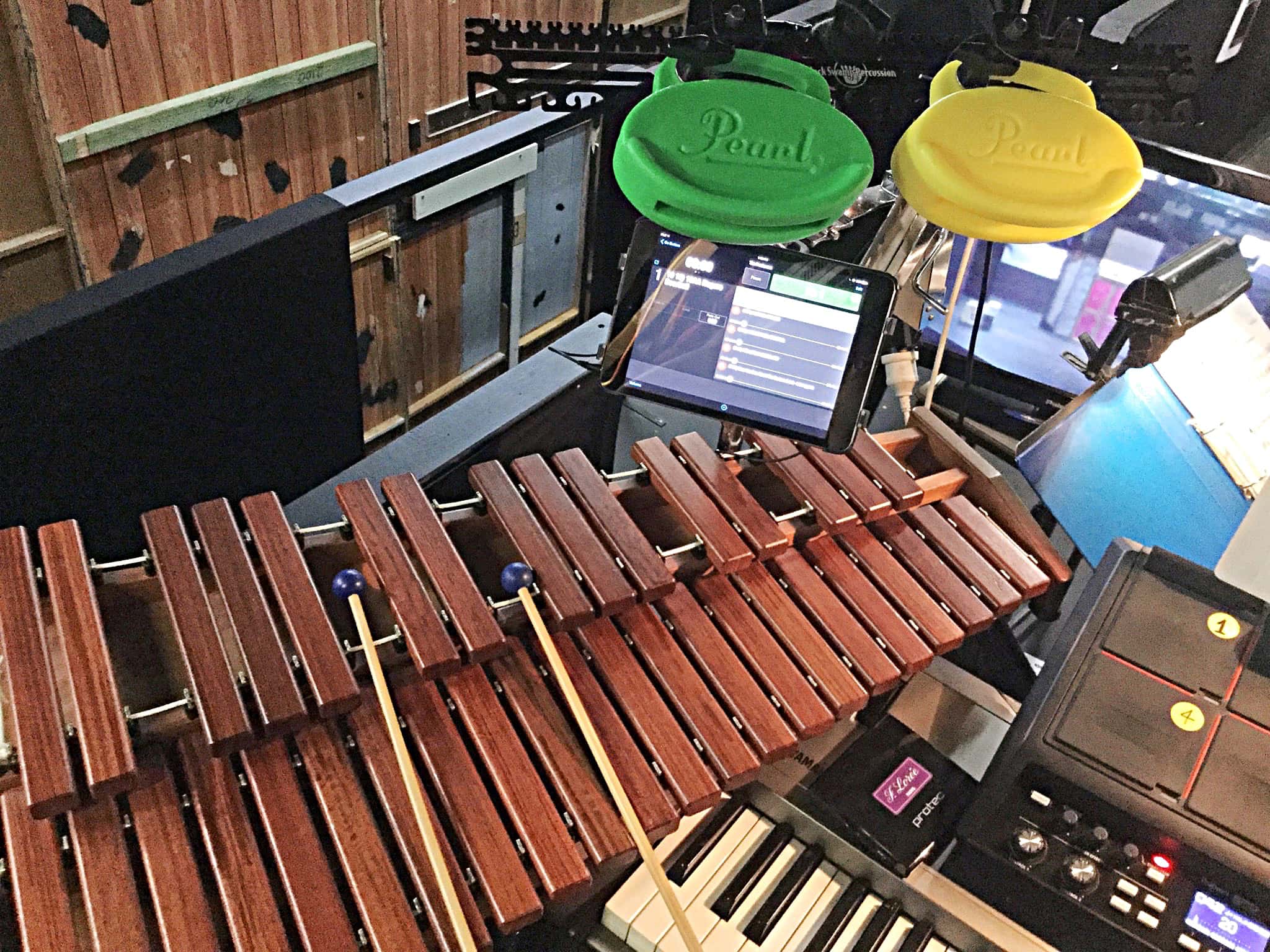 Lindsay Kaul’s percussion setup for The Producers at The Players Theater in Port Macquarie in New South Wales, Australia.