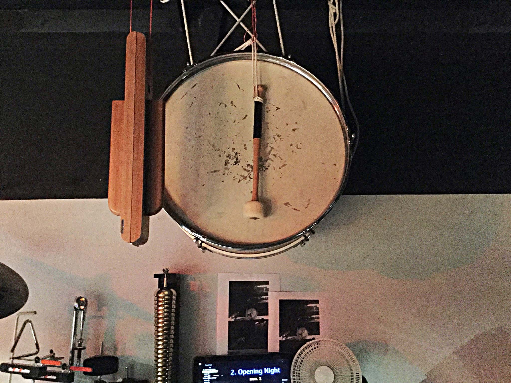 Lindsay Kaul’s percussion setup for The Producers at The Players Theater in Port Macquarie in New South Wales, Australia.