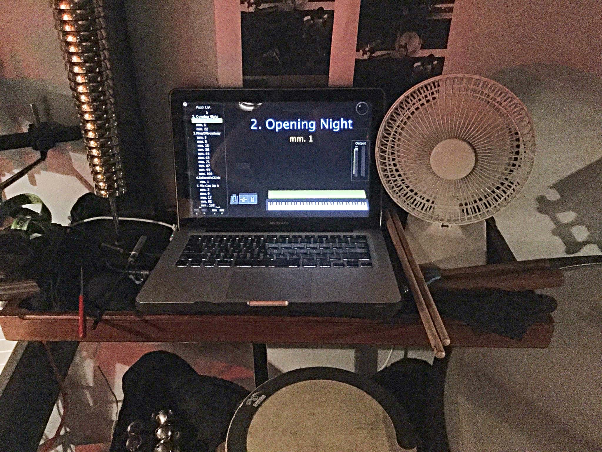 Lindsay Kaul’s percussion setup for The Producers at The Players Theater in Port Macquarie in New South Wales, Australia.