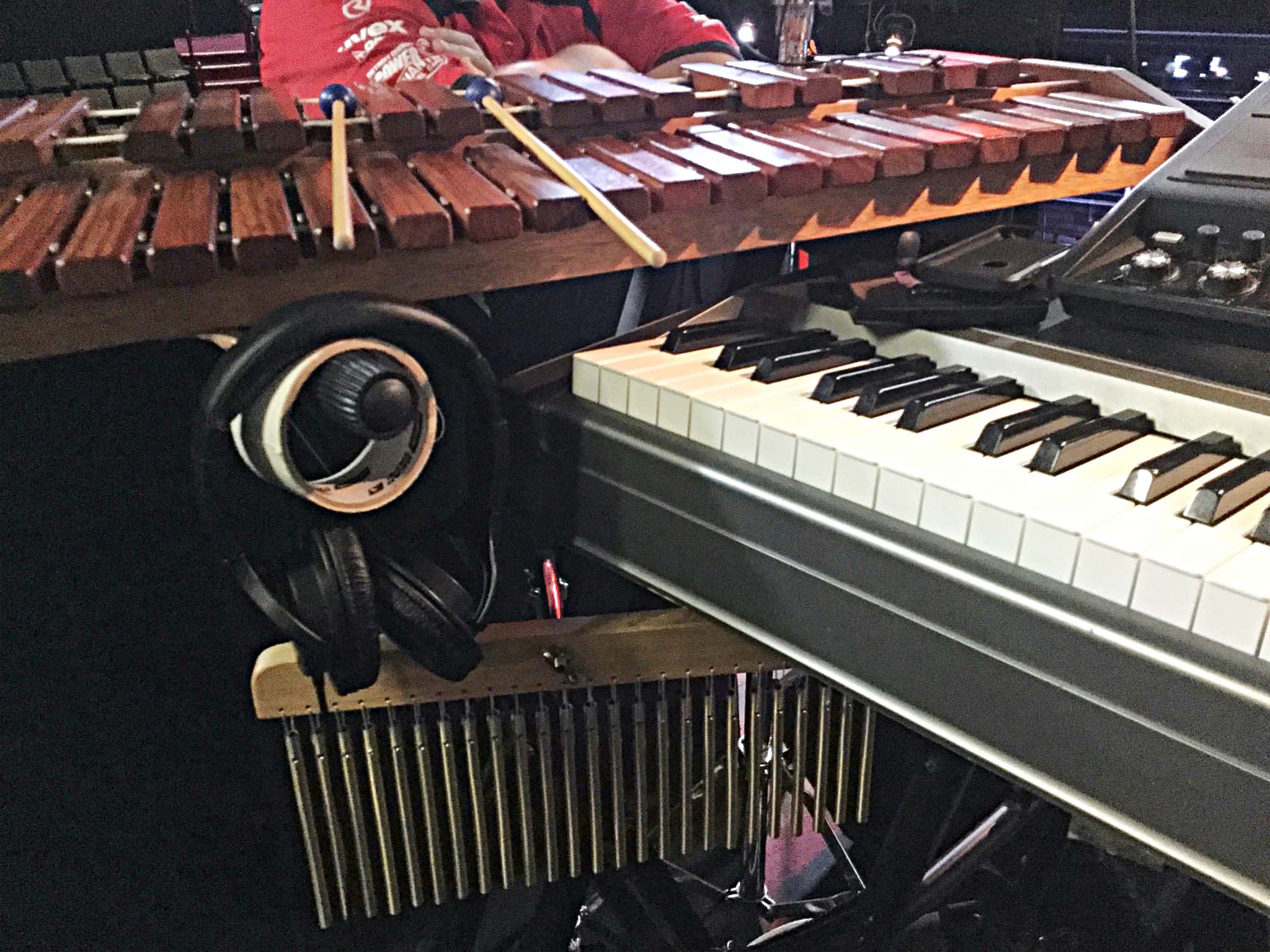 Lindsay Kaul’s percussion setup for The Producers at The Players Theater in Port Macquarie in New South Wales, Australia.