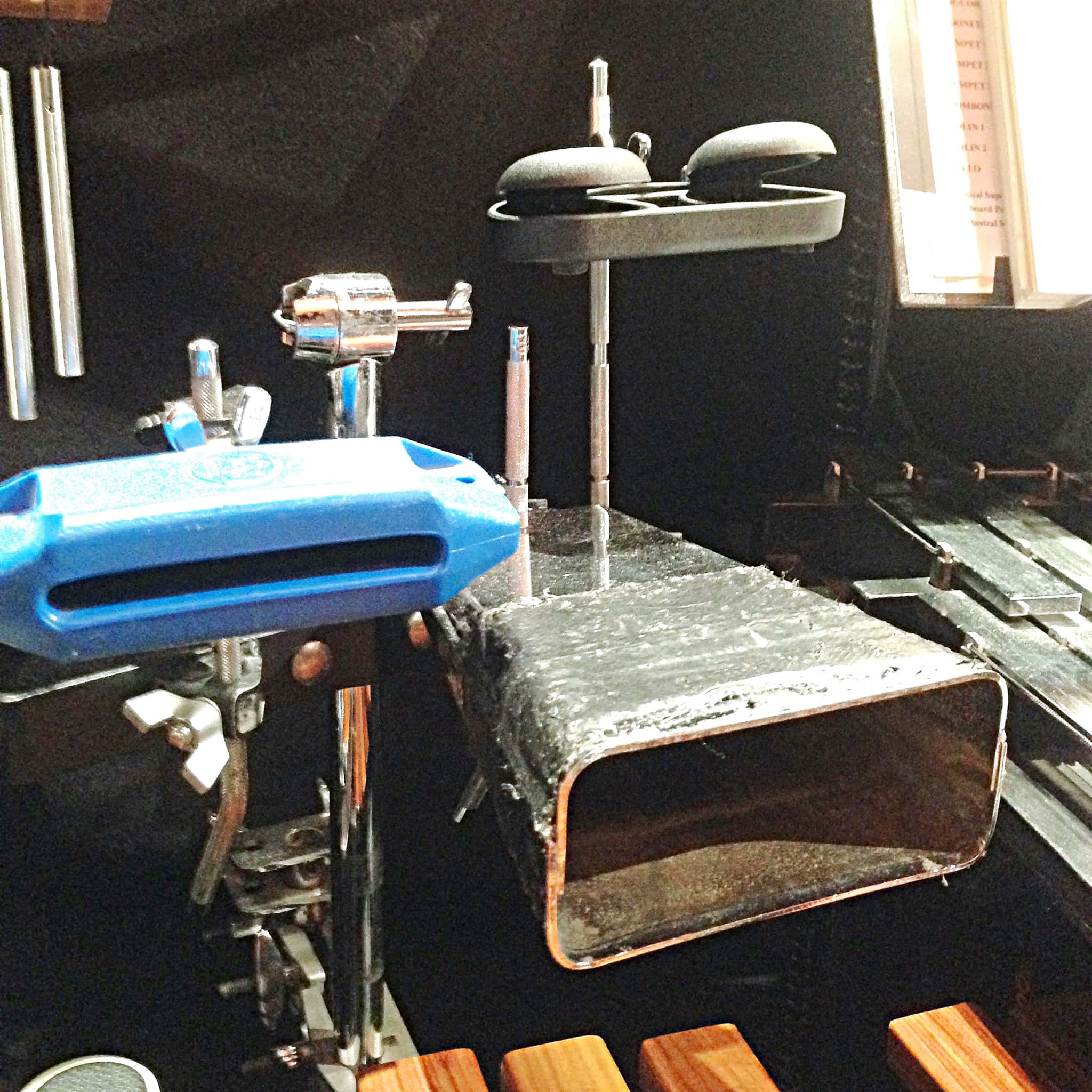 Shan Chana's percussion setup for Aladdin at the Prince of Wales Theatre in London's West End.