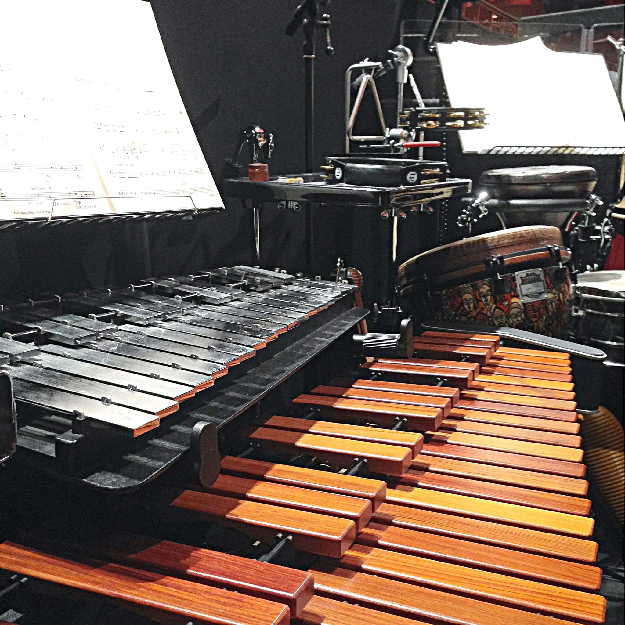 Shan Chana's percussion setup for Aladdin at the Prince of Wales Theatre in London's West End.