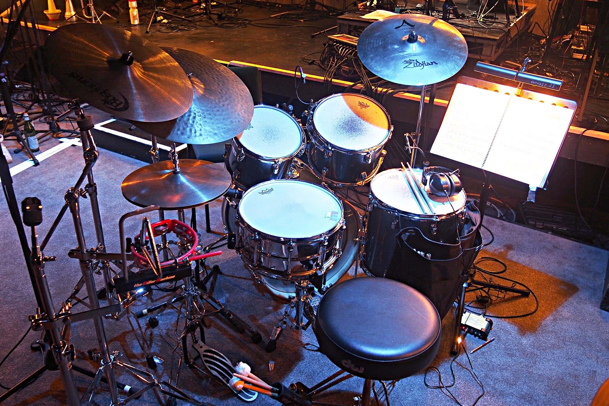 Tim Sellars' drum set setup for Hairspray at the Isaac Theatre Royal in Christchurch, New Zealand, for Showbiz Christchurch.