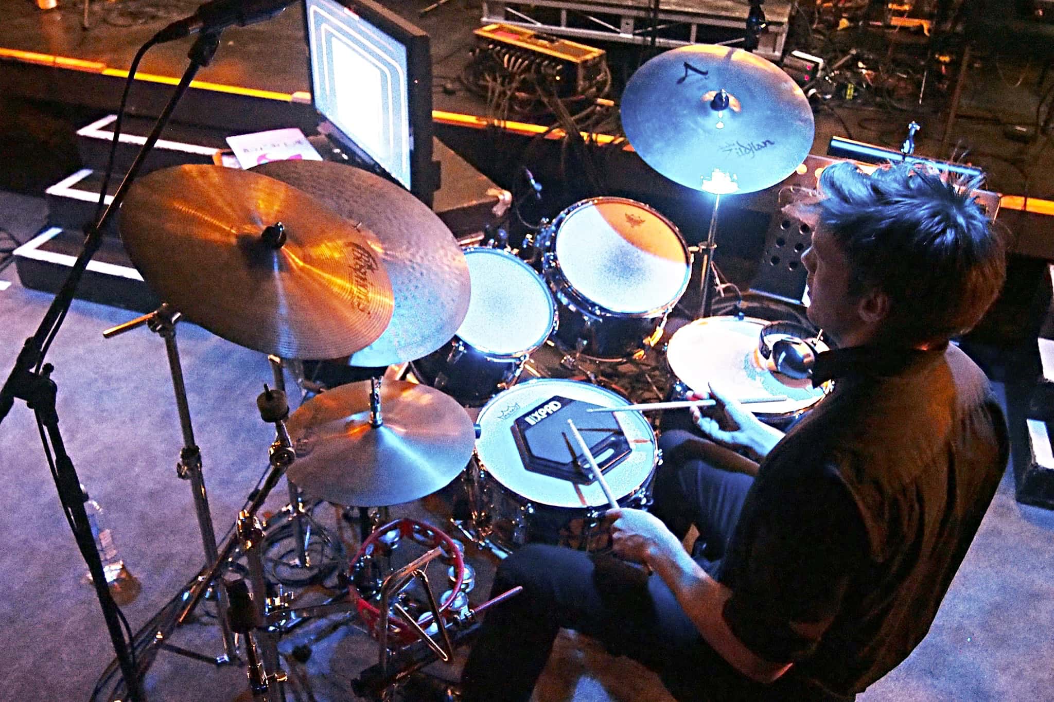 Tim Sellars' drum set setup for Hairspray at the Isaac Theatre Royal in Christchurch, New Zealand, for Showbiz Christchurch.