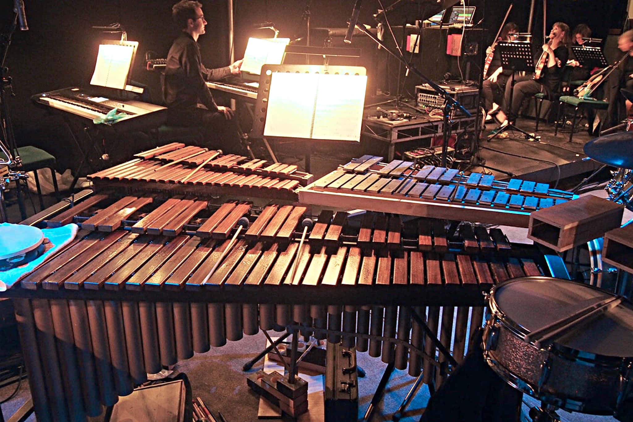 Craig Given’s percussion setup for Showbiz Christchurch’s production of Evita at the Isaac Theatre Royal in Christchurch, New Zealand.