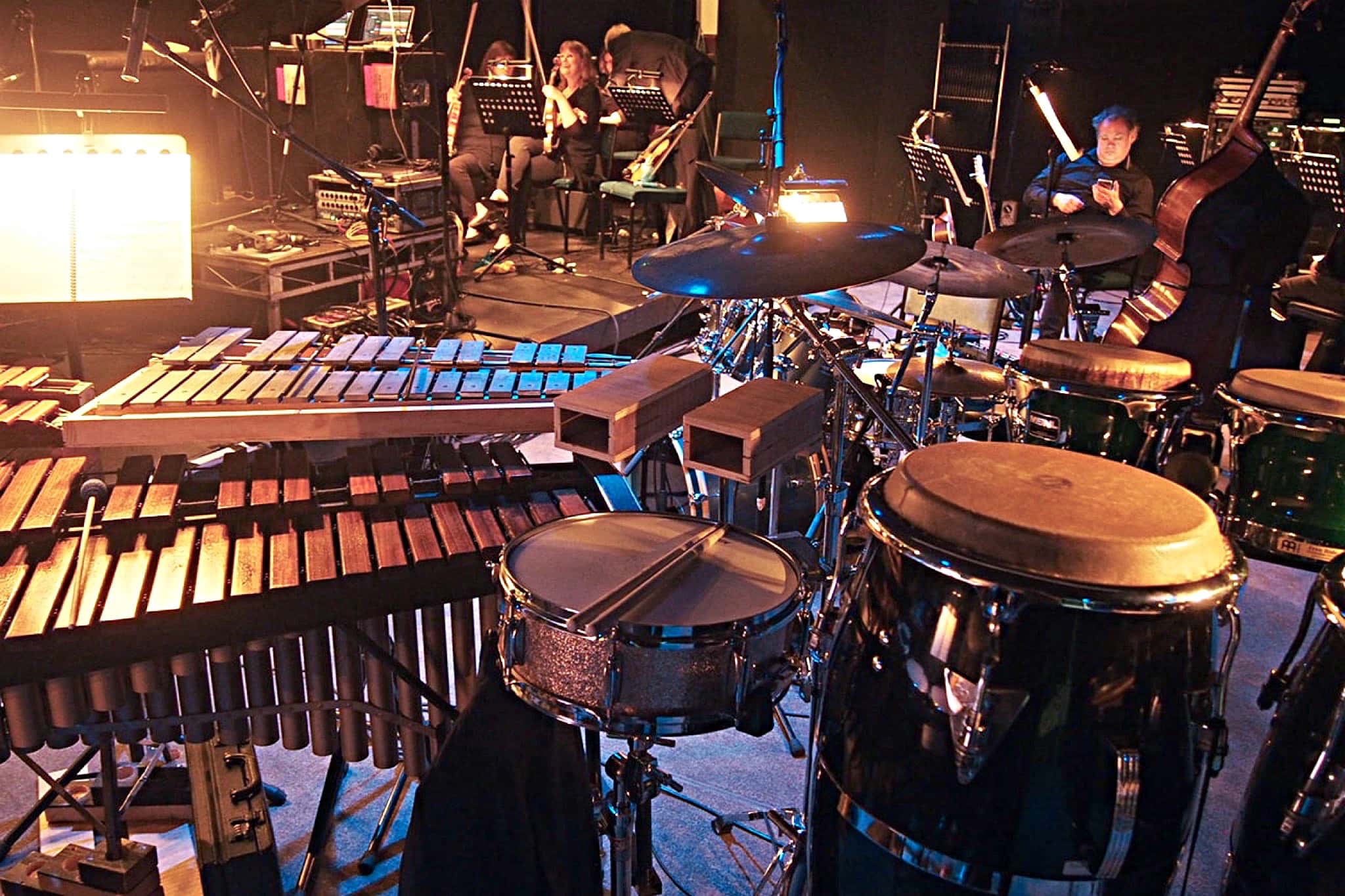 Craig Given’s percussion setup for Showbiz Christchurch’s production of Evita at the Isaac Theatre Royal in Christchurch, New Zealand.