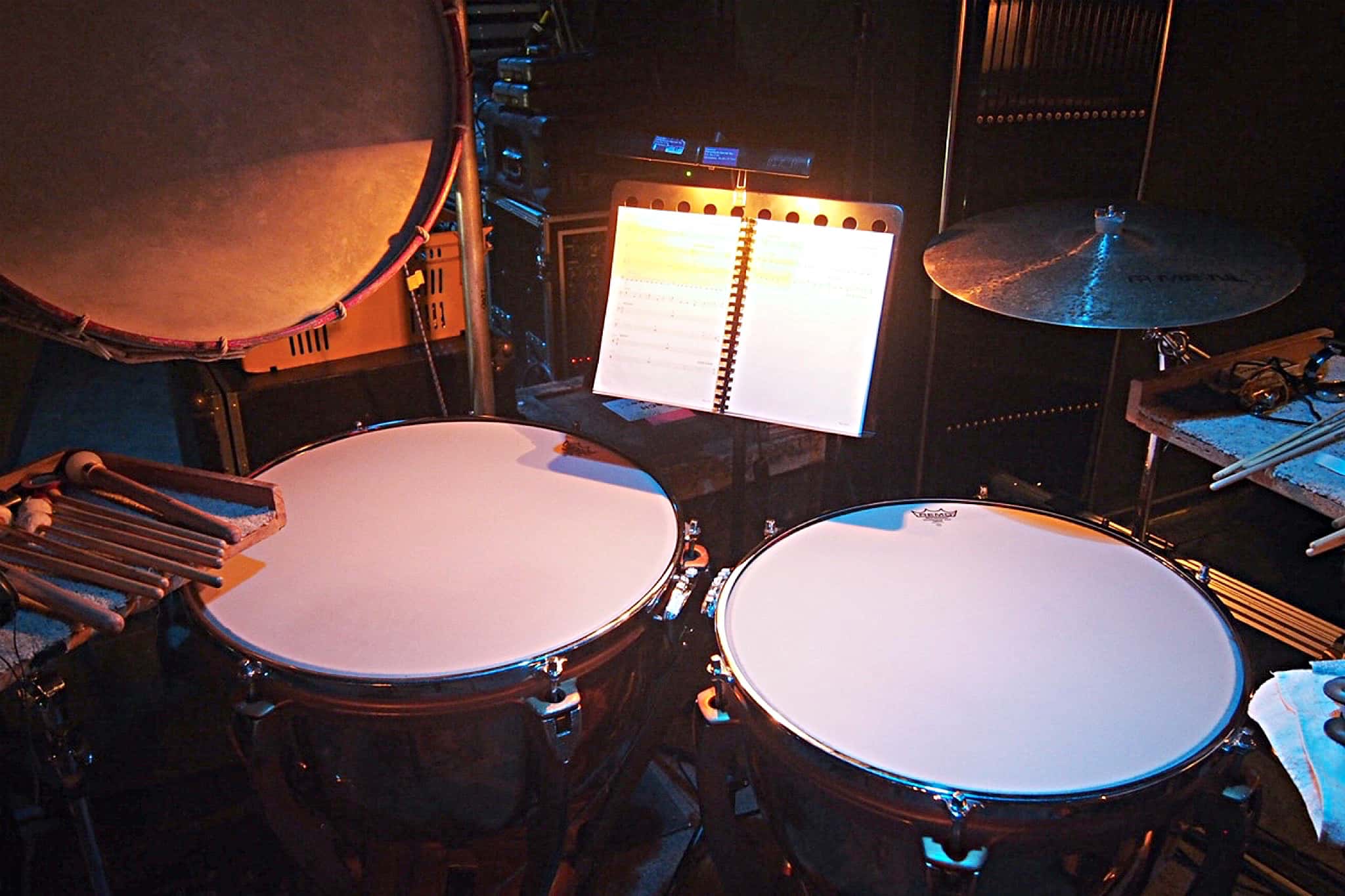 Craig Given’s percussion setup for Showbiz Christchurch’s production of Evita at the Isaac Theatre Royal in Christchurch, New Zealand.