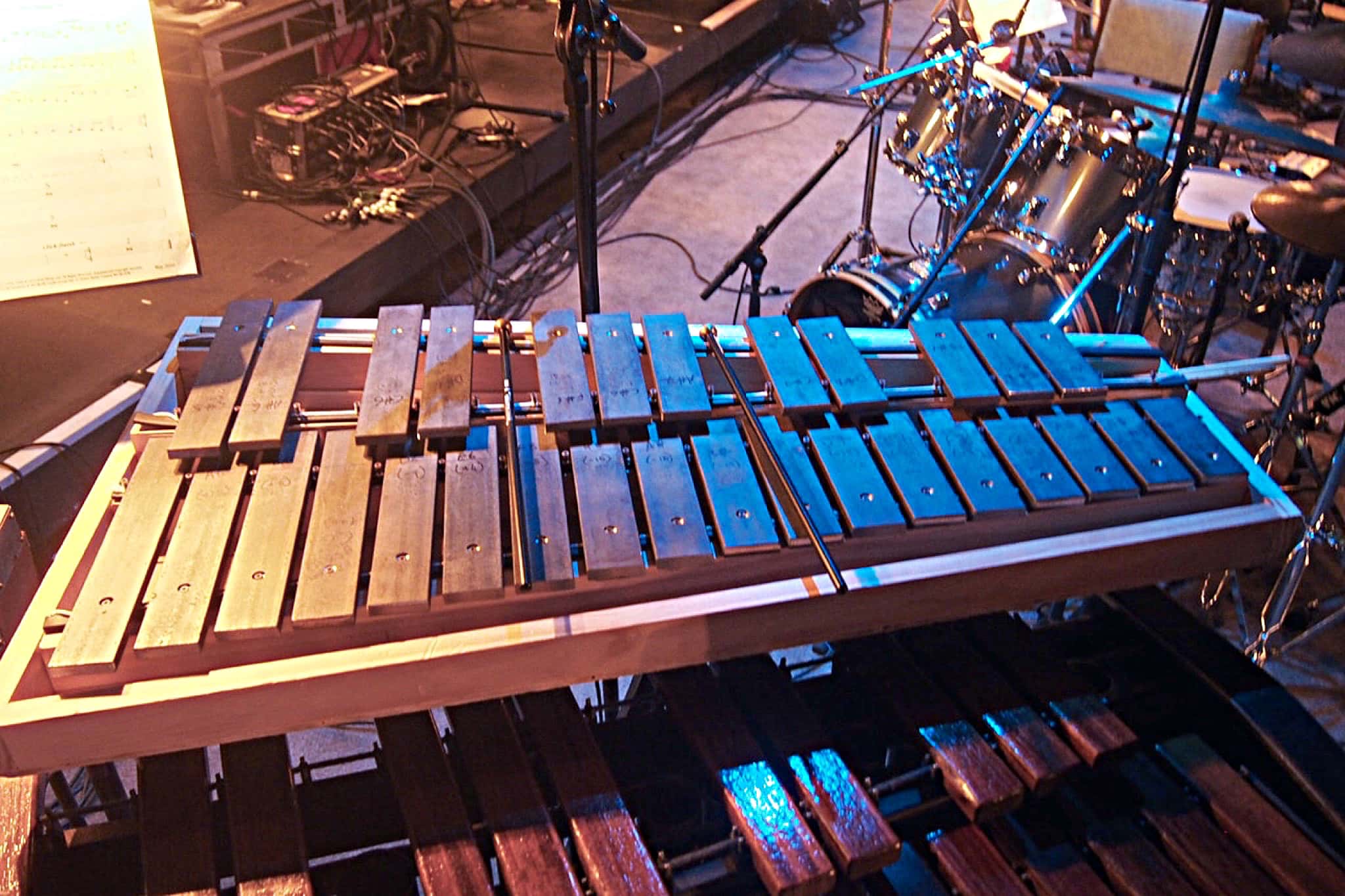 Craig Given’s percussion setup for Showbiz Christchurch’s production of Evita at the Isaac Theatre Royal in Christchurch, New Zealand.