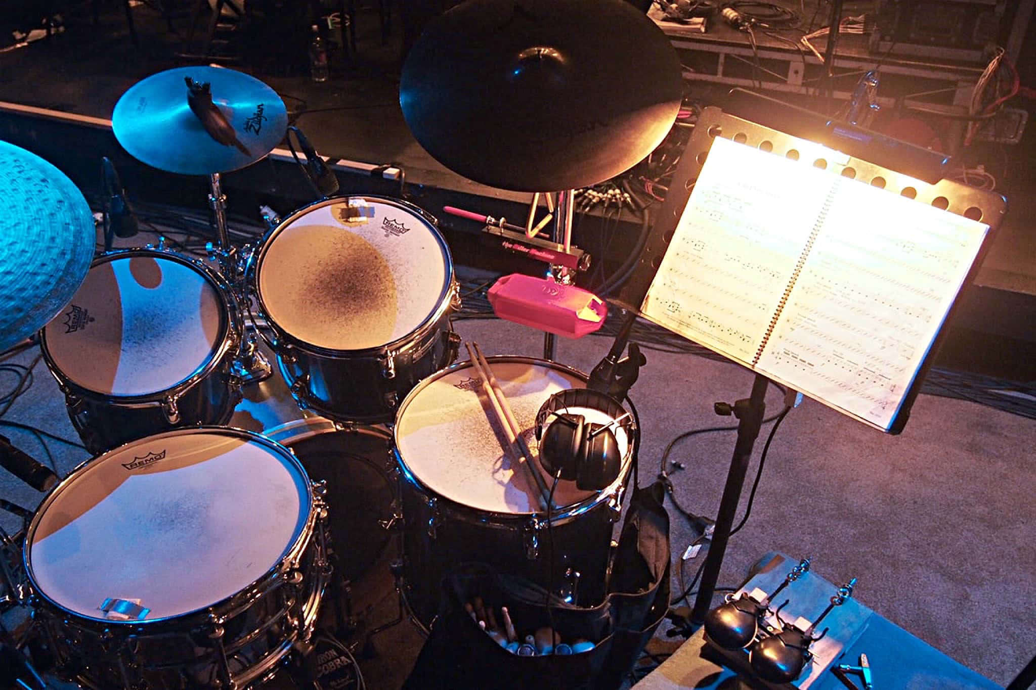 Tim Sellars’ drum set setup for Showbiz Christchurch’s production of Evita at the Isaac Theatre Royal in Christchurch, New Zealand.