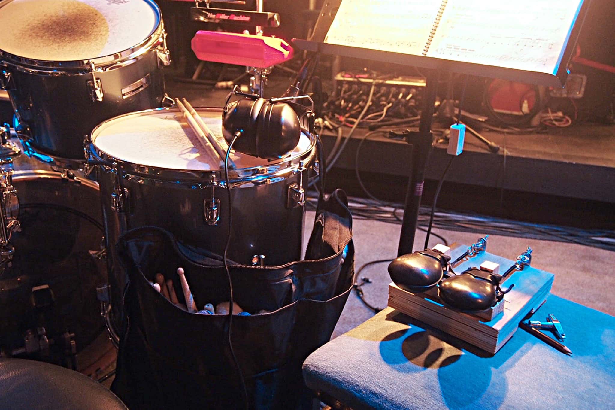 Tim Sellars’ drum set setup for Showbiz Christchurch’s production of Evita at the Isaac Theatre Royal in Christchurch, New Zealand.