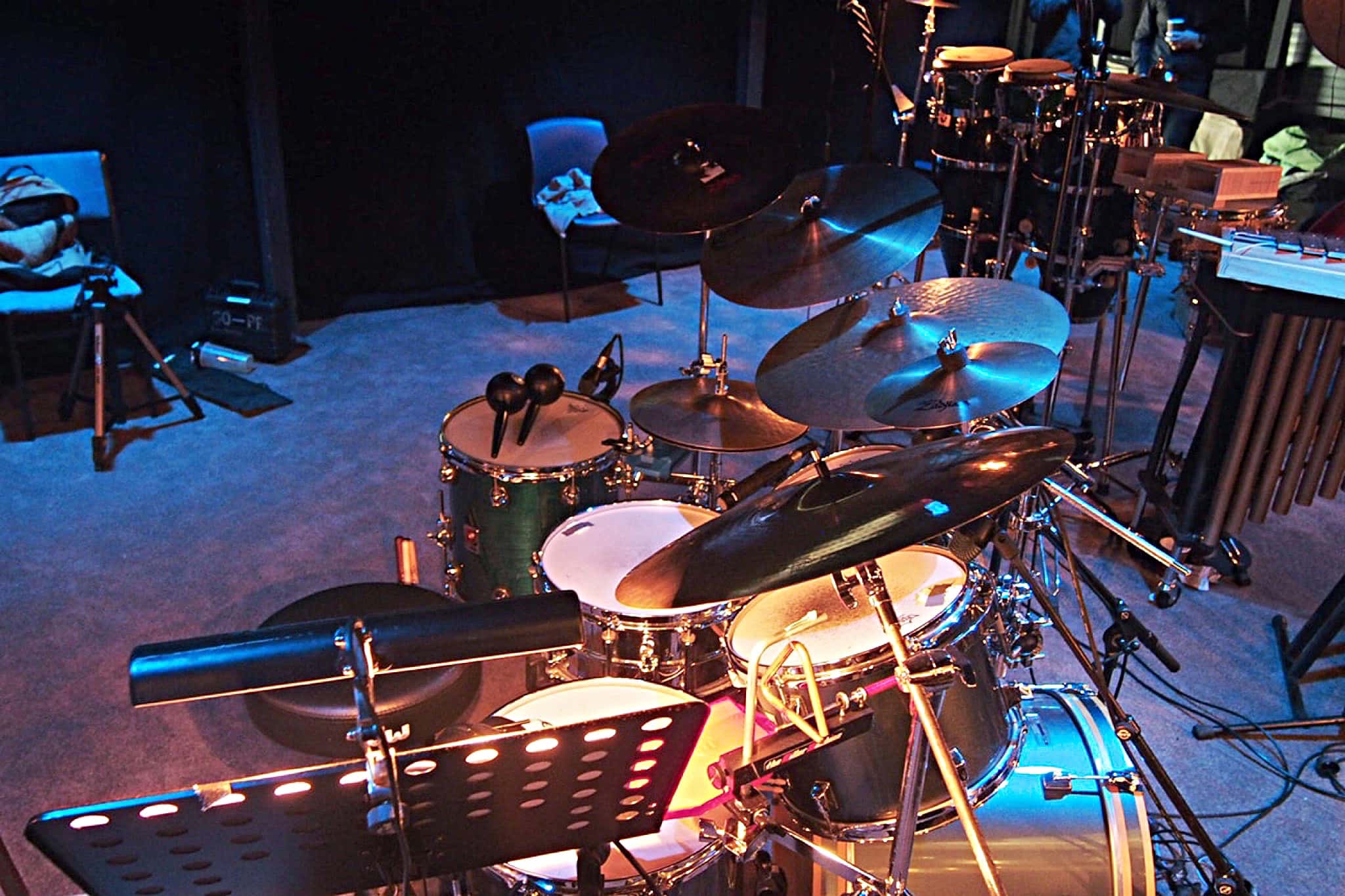 Tim Sellars’ drum set setup for Showbiz Christchurch’s production of Evita at the Isaac Theatre Royal in Christchurch, New Zealand.