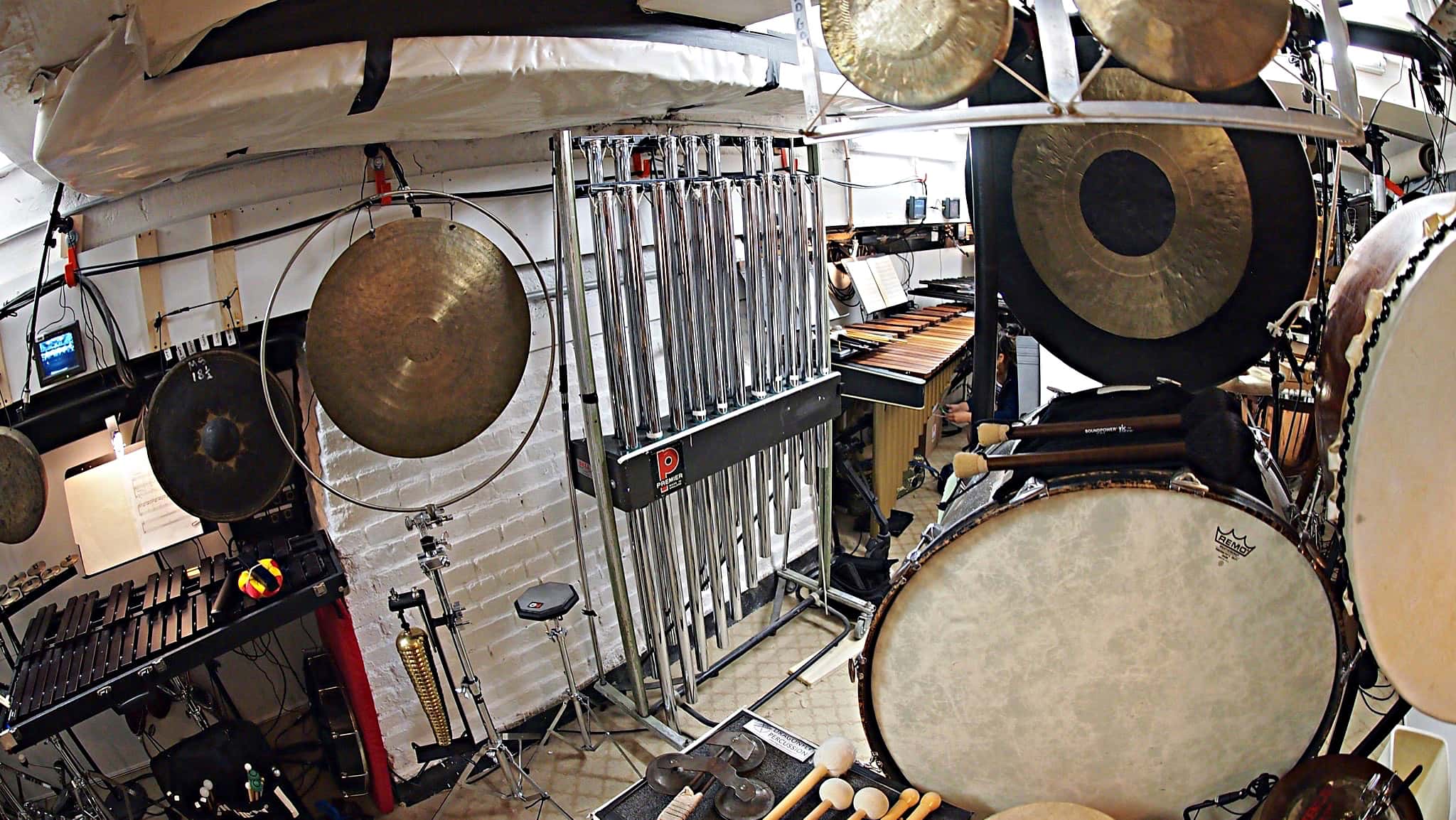 Ray Marchica's drum set setup for the Broadway revival of Miss Saigon at the Broadway Theatre.