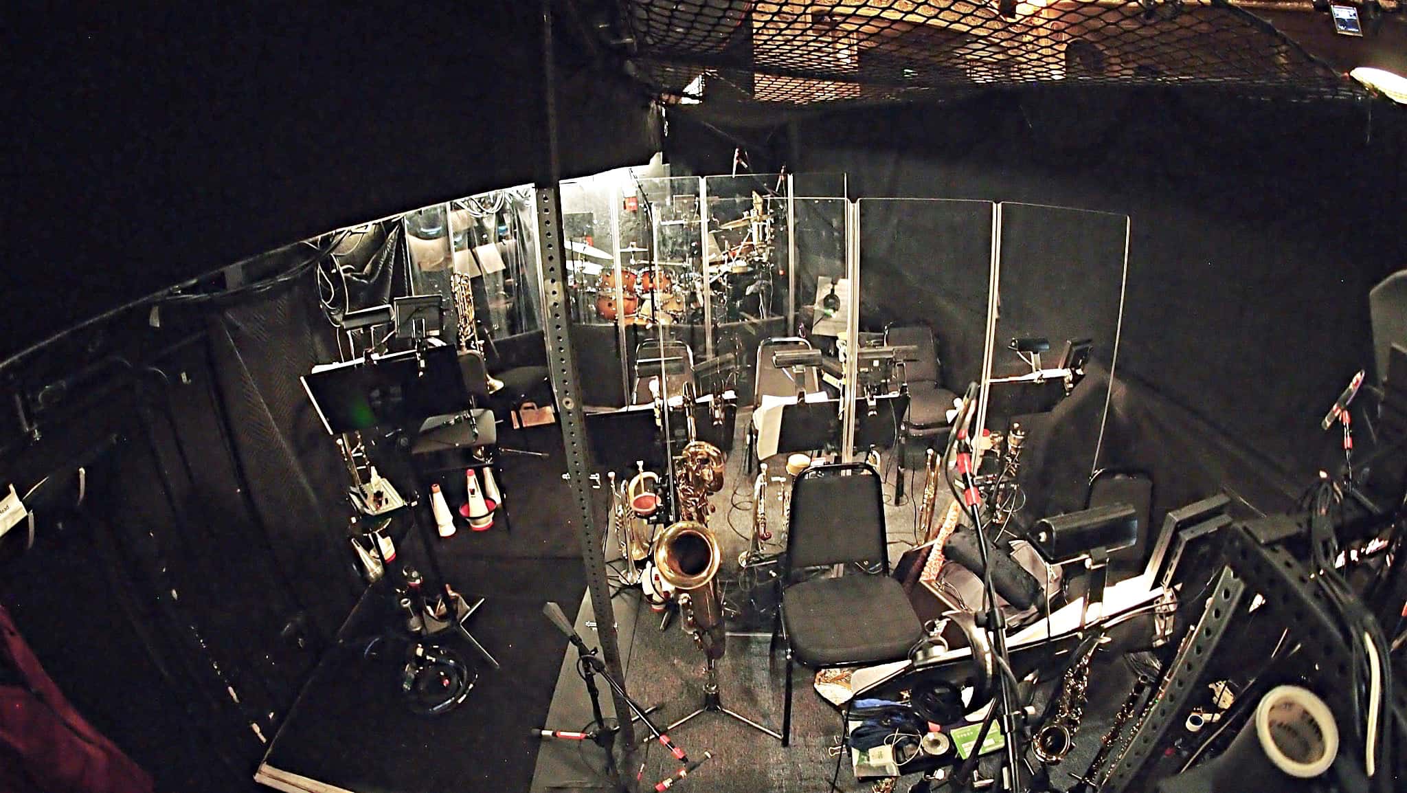 Danny Taylor’s drum set setup for the North American tour of Aladdin at the Paramount Theatre in Seattle, Washington.