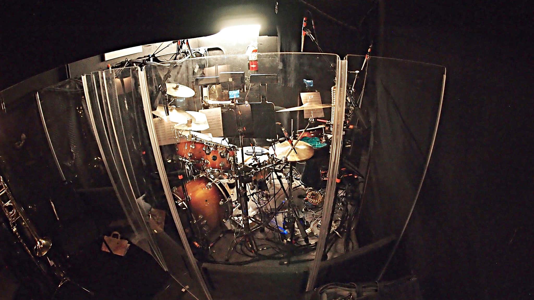 Danny Taylor’s drum set setup for the North American tour of Aladdin at the Paramount Theatre in Seattle, Washington.