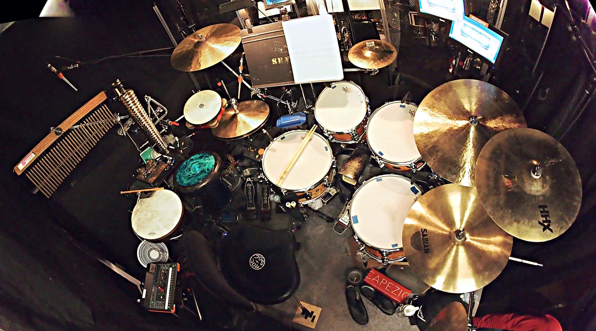 Danny Taylor’s drum set setup for the North American tour of Aladdin at the Paramount Theatre in Seattle, Washington.