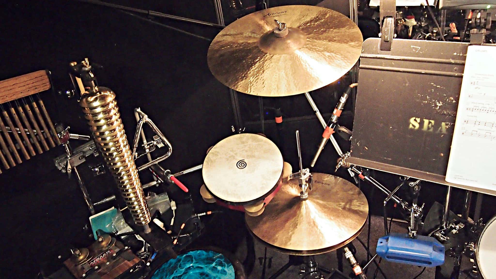 Danny Taylor’s drum set setup for the North American tour of Aladdin at the Paramount Theatre in Seattle, Washington.