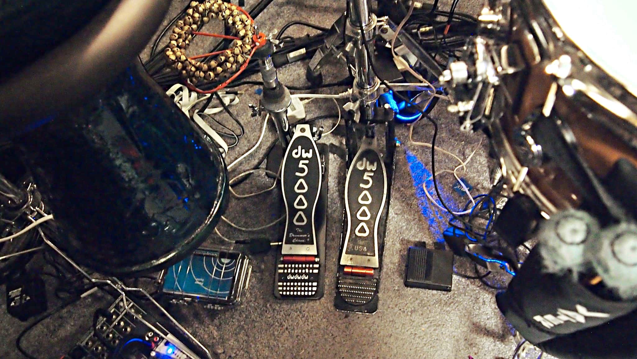 Danny Taylor’s drum set setup for the North American tour of Aladdin at the Paramount Theatre in Seattle, Washington.