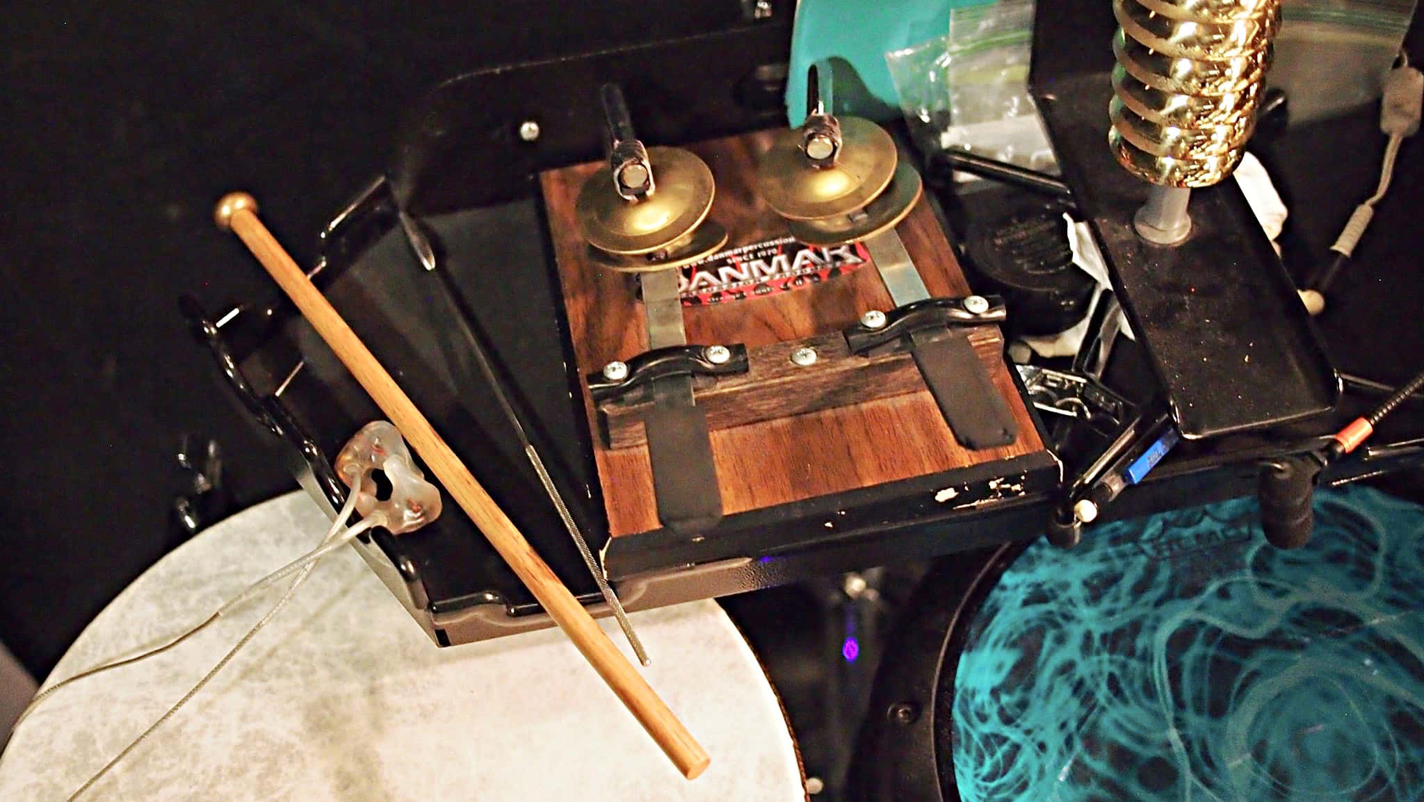 Danny Taylor’s drum set setup for the North American tour of Aladdin at the Paramount Theatre in Seattle, Washington.