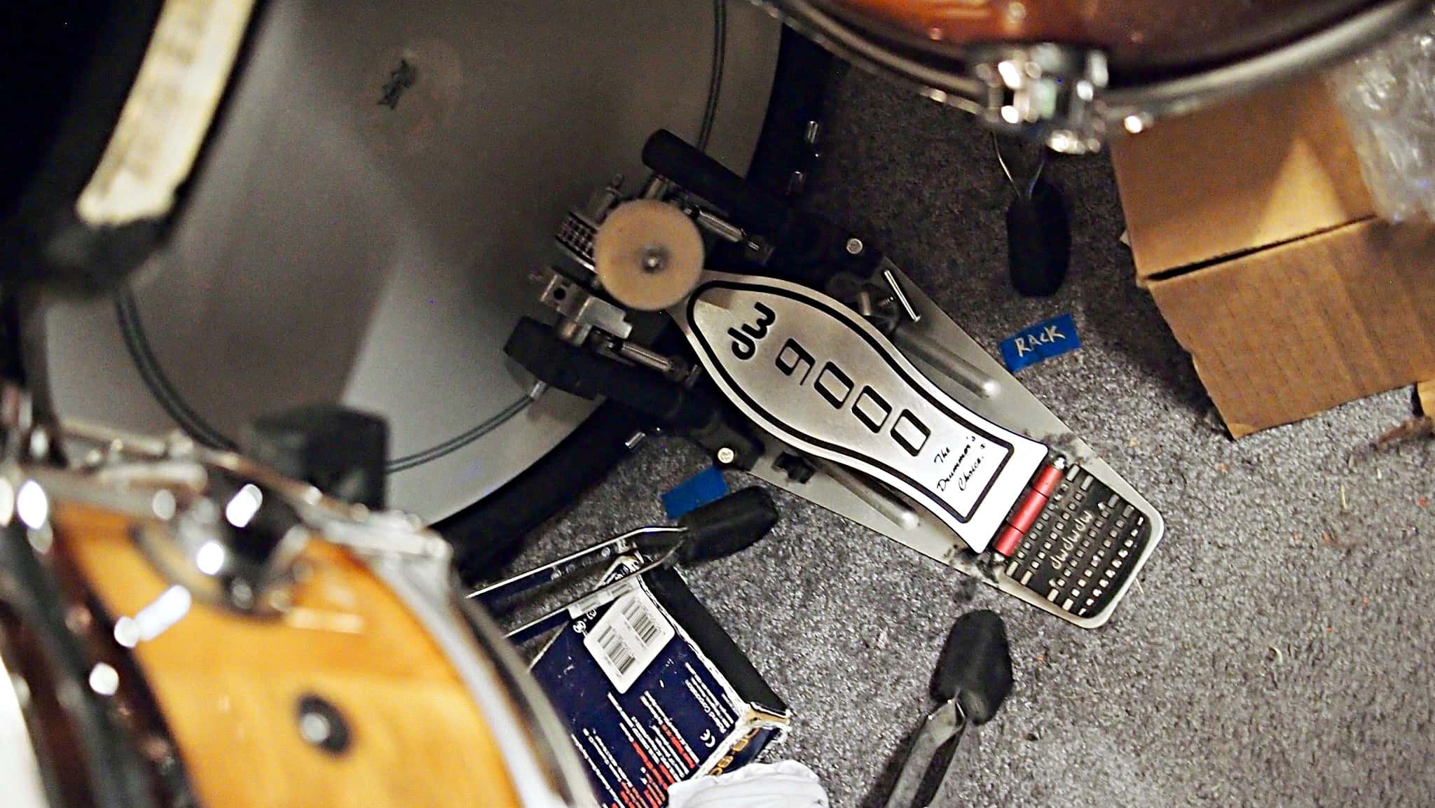 Danny Taylor’s drum set setup for the North American tour of Aladdin at the Paramount Theatre in Seattle, Washington.