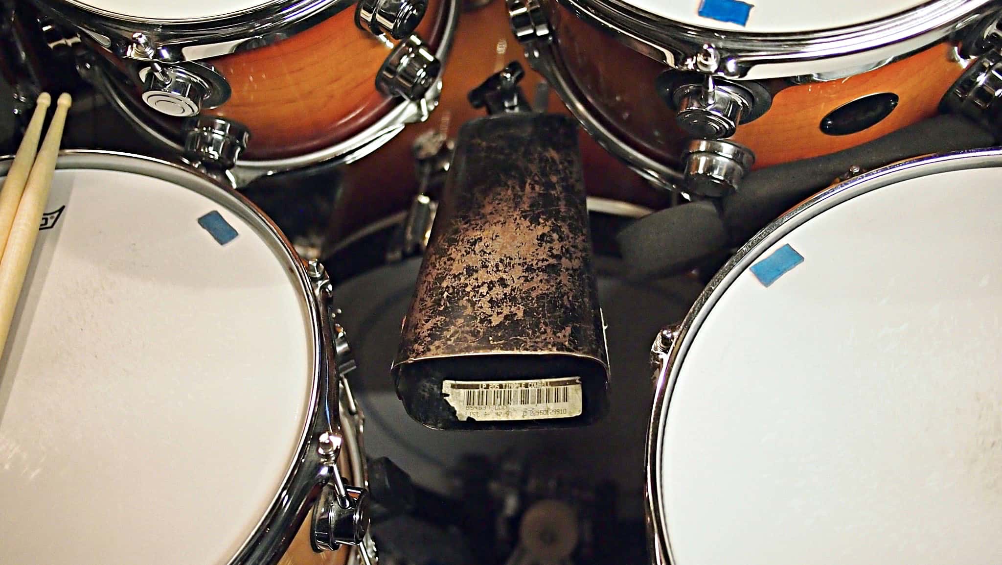 Danny Taylor’s drum set setup for the North American tour of Aladdin at the Paramount Theatre in Seattle, Washington.