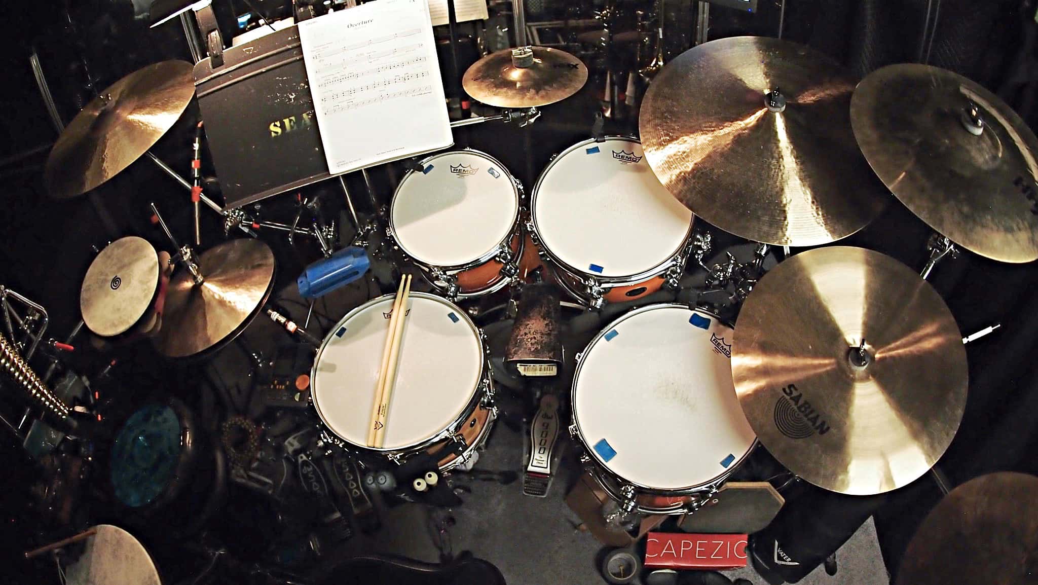 Danny Taylor’s drum set setup for the North American tour of Aladdin at the Paramount Theatre in Seattle, Washington.