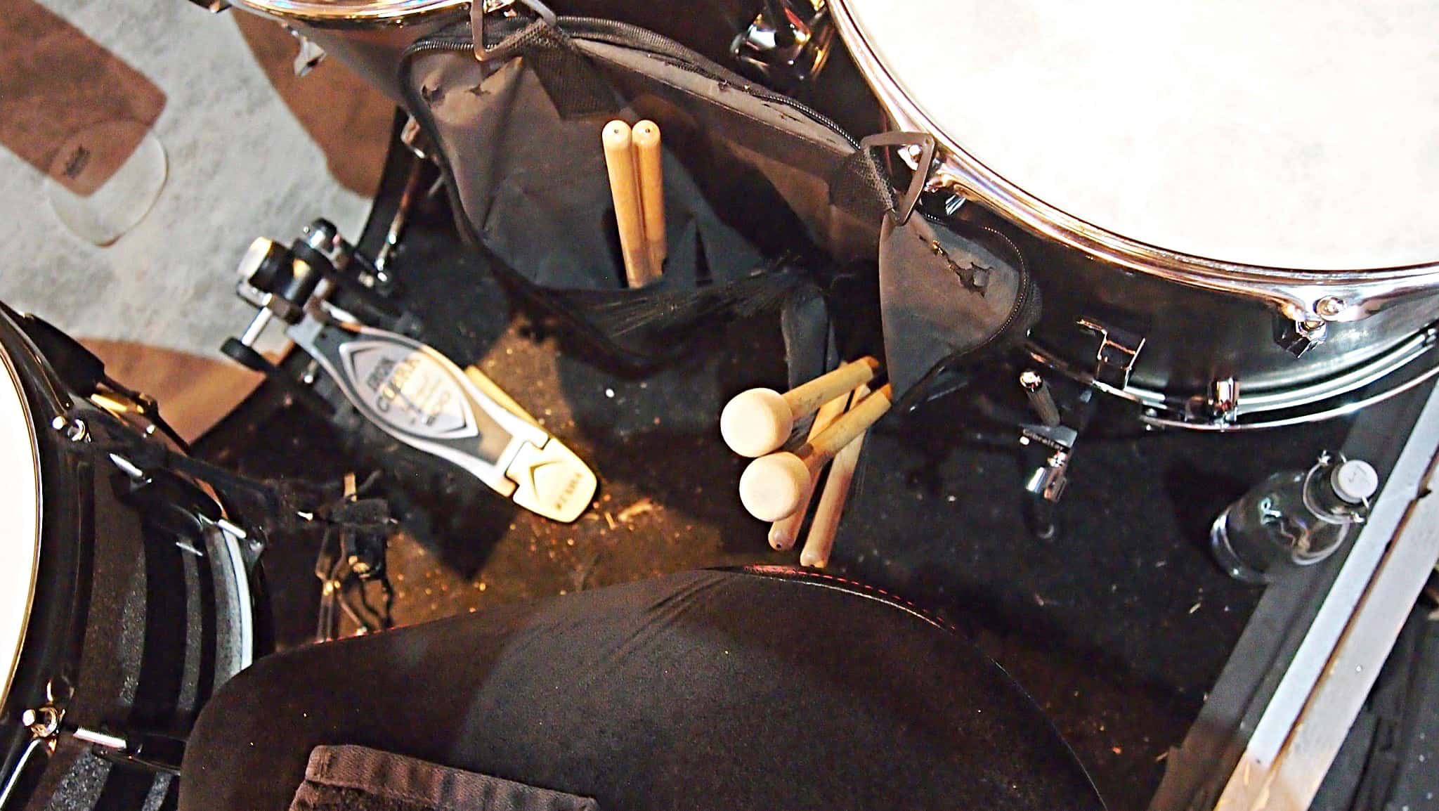 Scot Sexton’s drum set setup for the Seattle Musical Theater's production of Ain’t Misbehavin’ in Seattle, Washington.