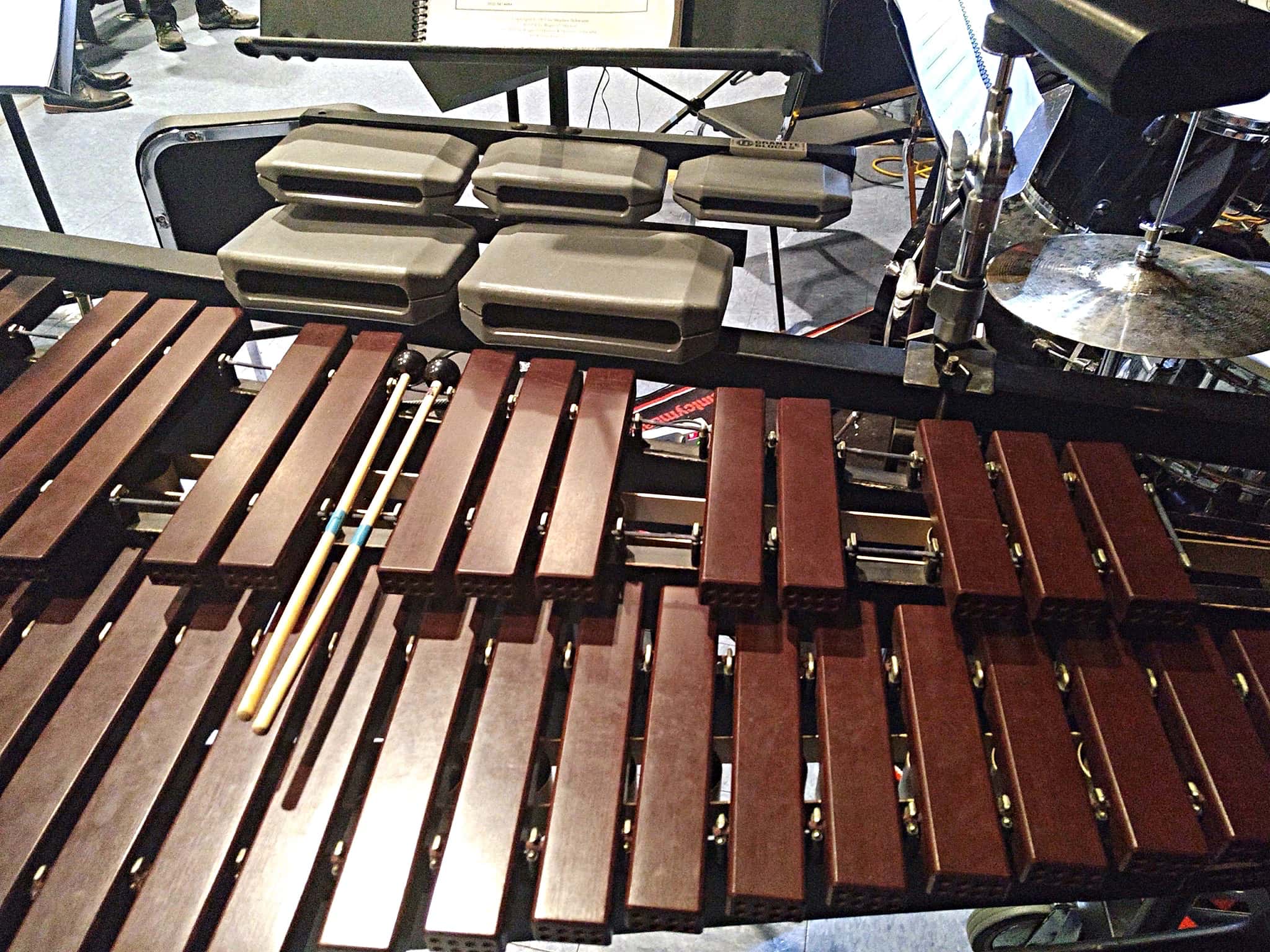 Will Marinelli's percussion setup for the Hightstown High School's production of Pippin in Hightstown, New Jersey.