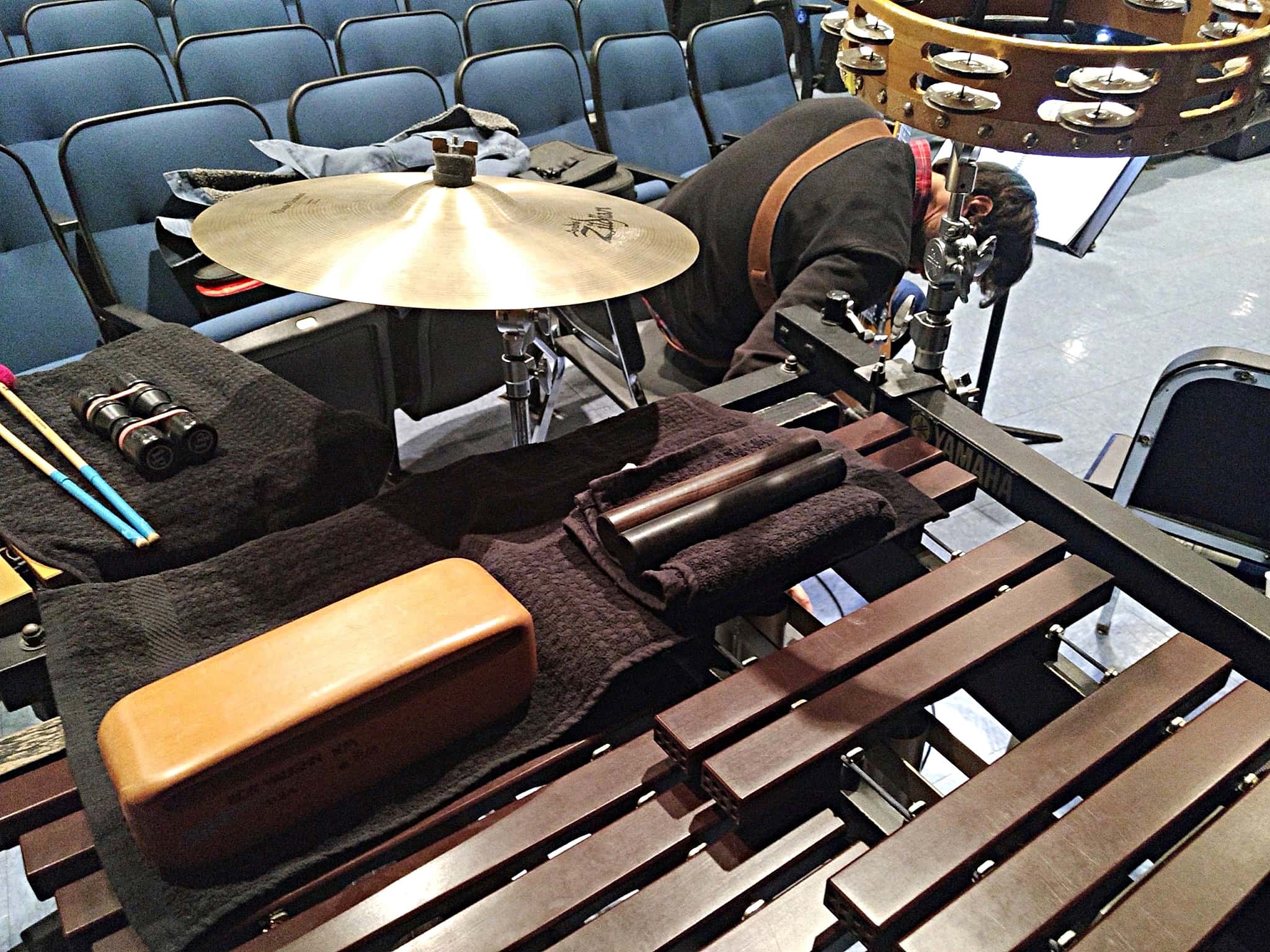 Will Marinelli's percussion setup for the Hightstown High School's production of Pippin in Hightstown, New Jersey.