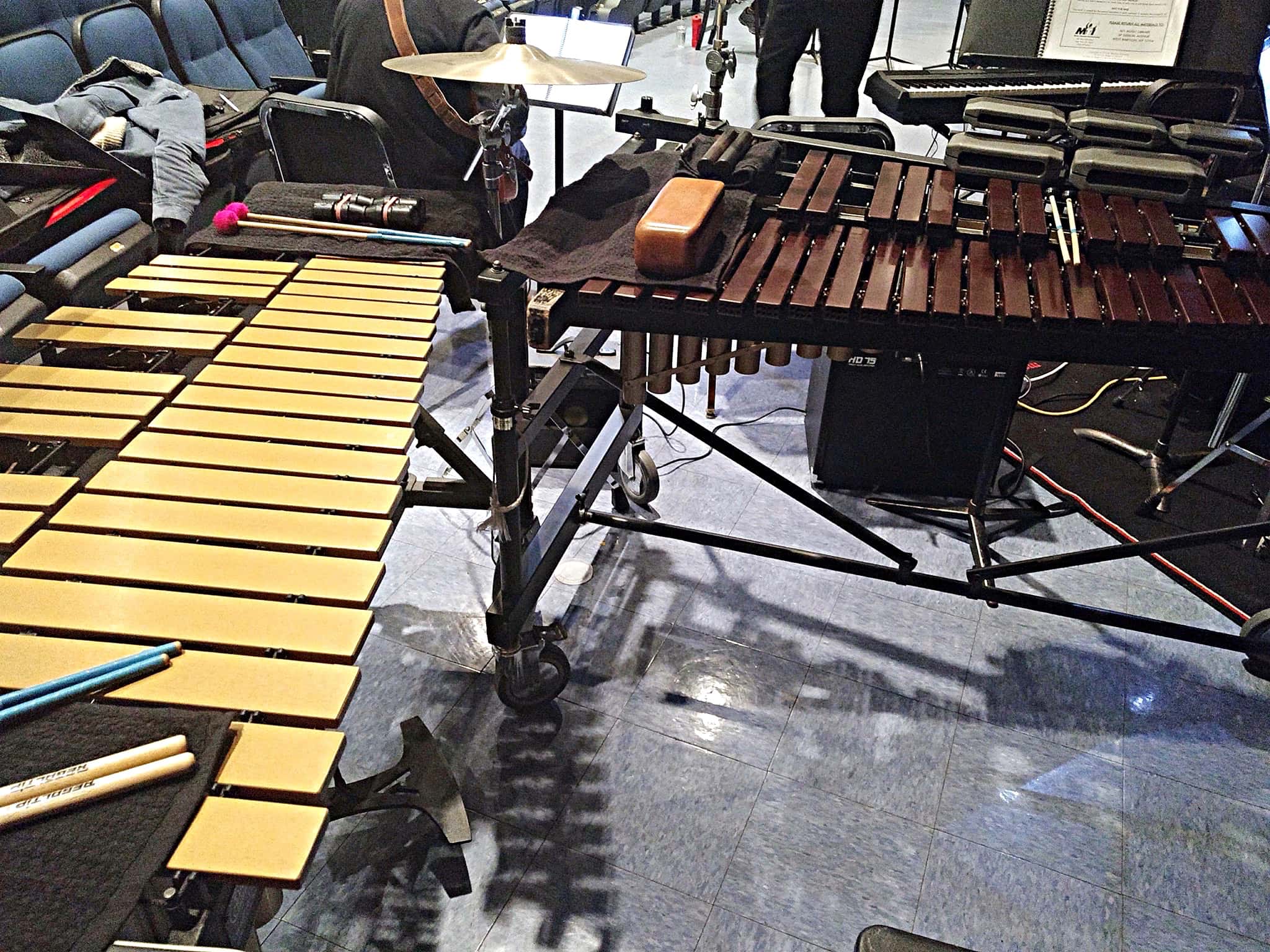 Will Marinelli's percussion setup for the Hightstown High School's production of Pippin in Hightstown, New Jersey.