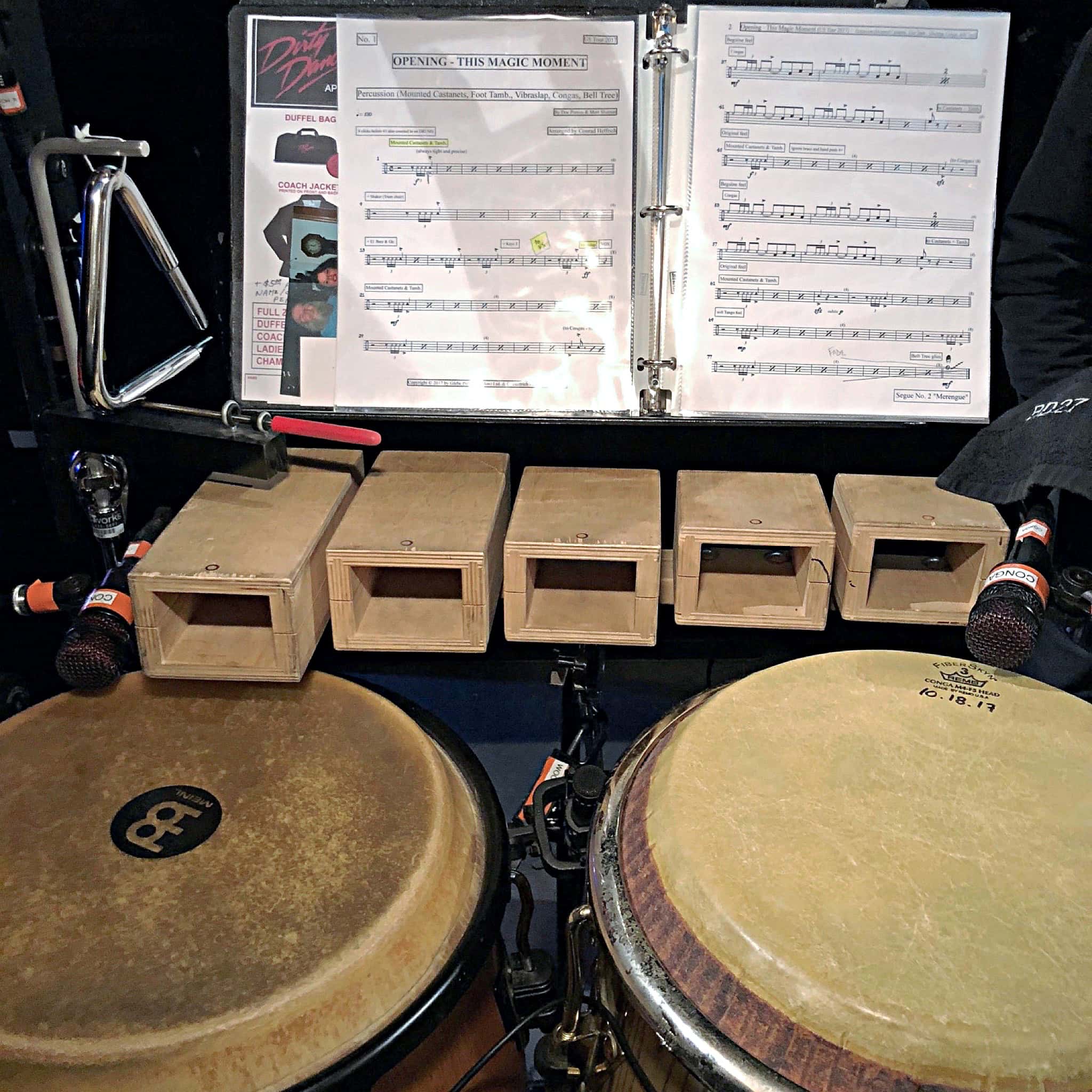 Ryan McCausland's percussion setup for the National Tour of Dirty Dancing at the Eisenhower Auditorium at Penn State in University Park, Pennsylvania.