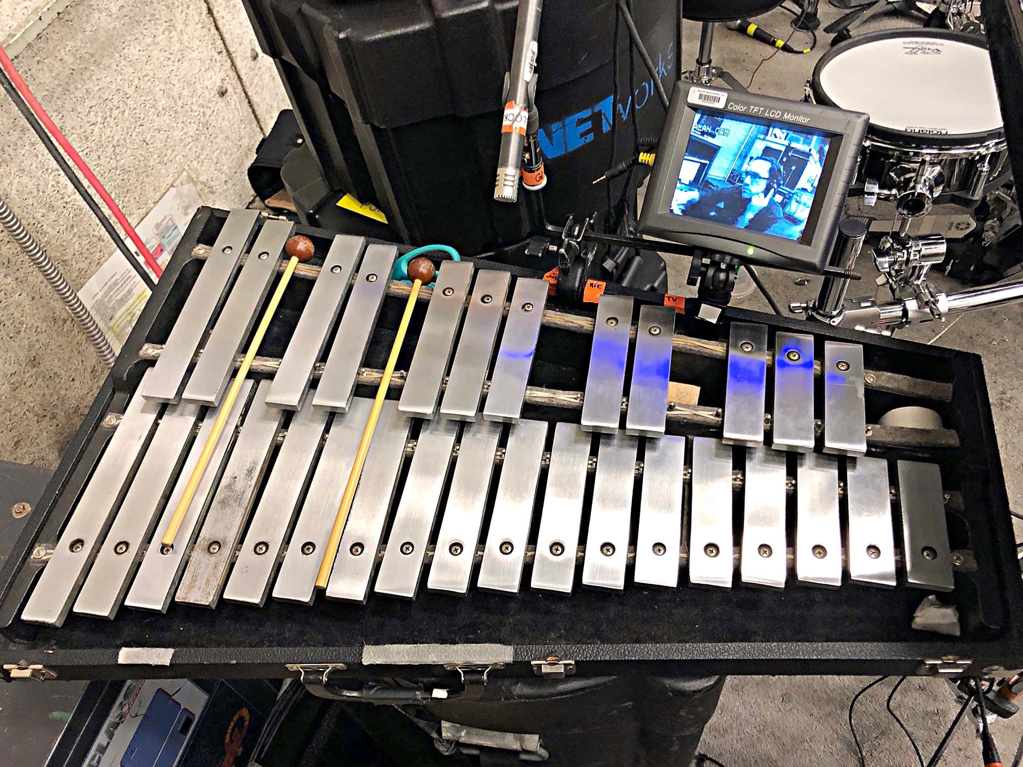 Ryan McCausland's percussion setup for the National Tour of Dirty Dancing at the Eisenhower Auditorium at Penn State in University Park, Pennsylvania.