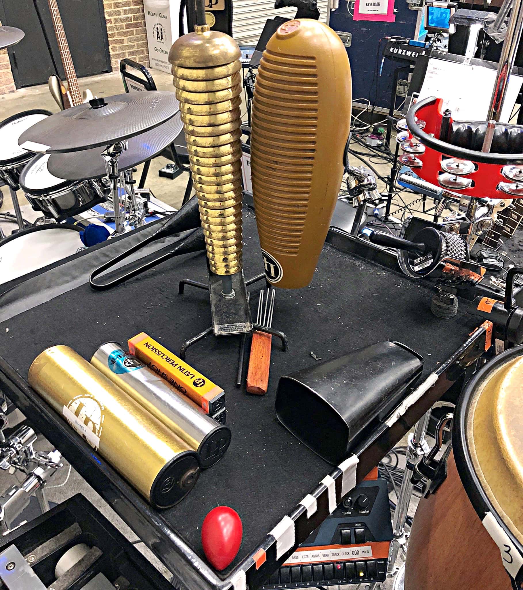 Ryan McCausland's percussion setup for the National Tour of Dirty Dancing at the Eisenhower Auditorium at Penn State in University Park, Pennsylvania.