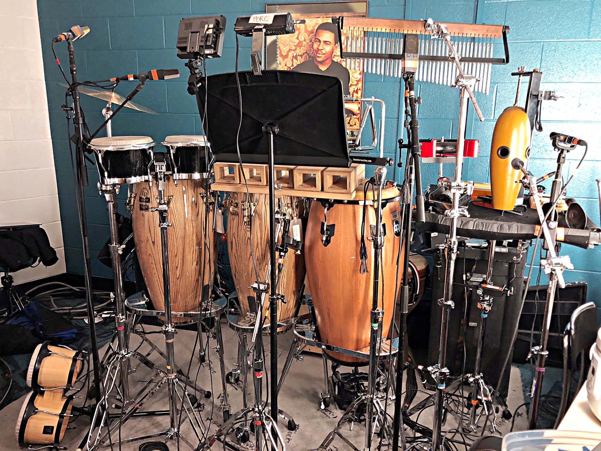 Ryan McCausland's percussion setup for the National Tour of Dirty Dancing at the Eisenhower Auditorium at Penn State in University Park, Pennsylvania.