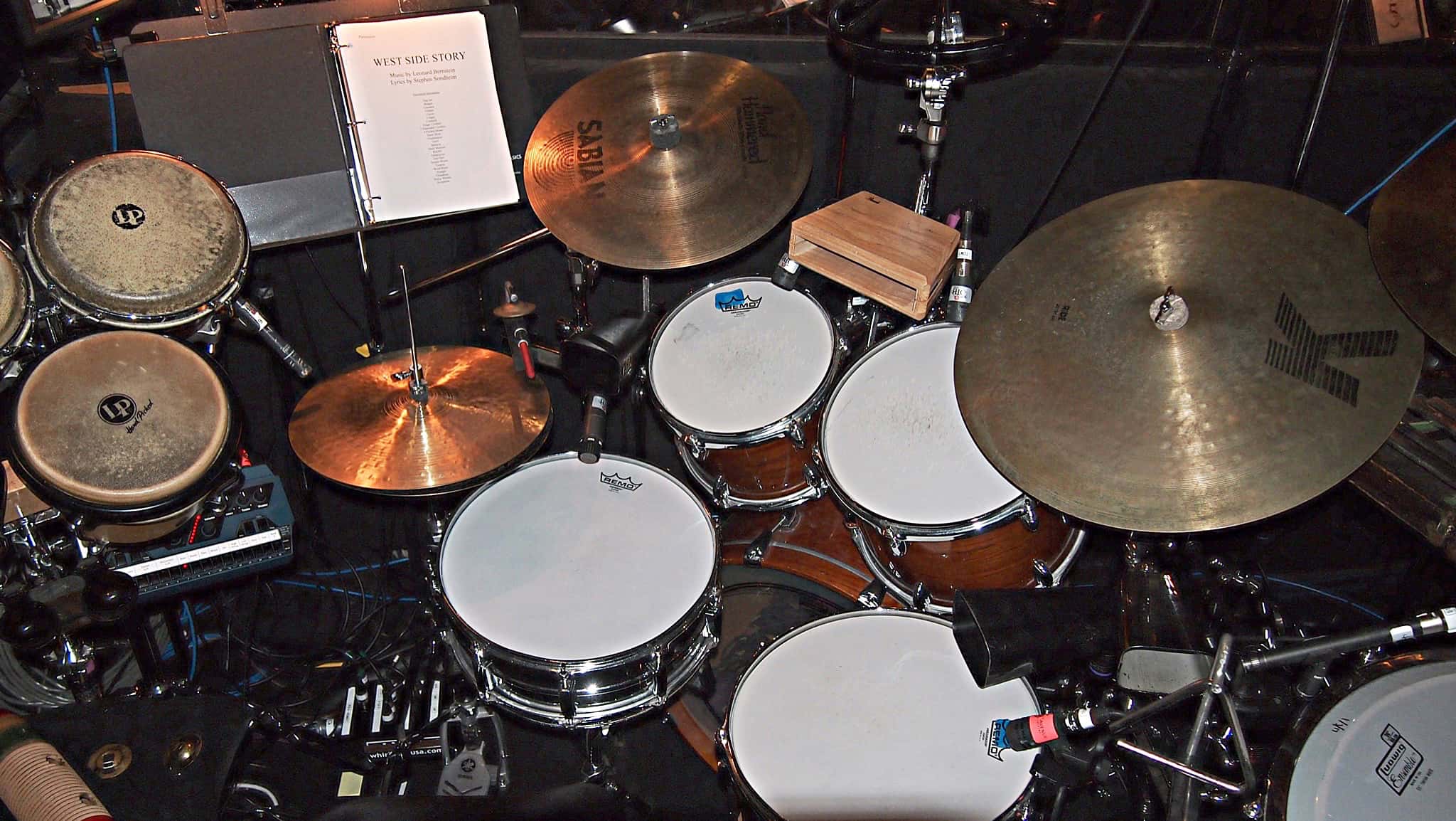 Alec Wilmart's drum set setup for West Side Story at the 5th Avenue Theatre in Seattle, Washington.