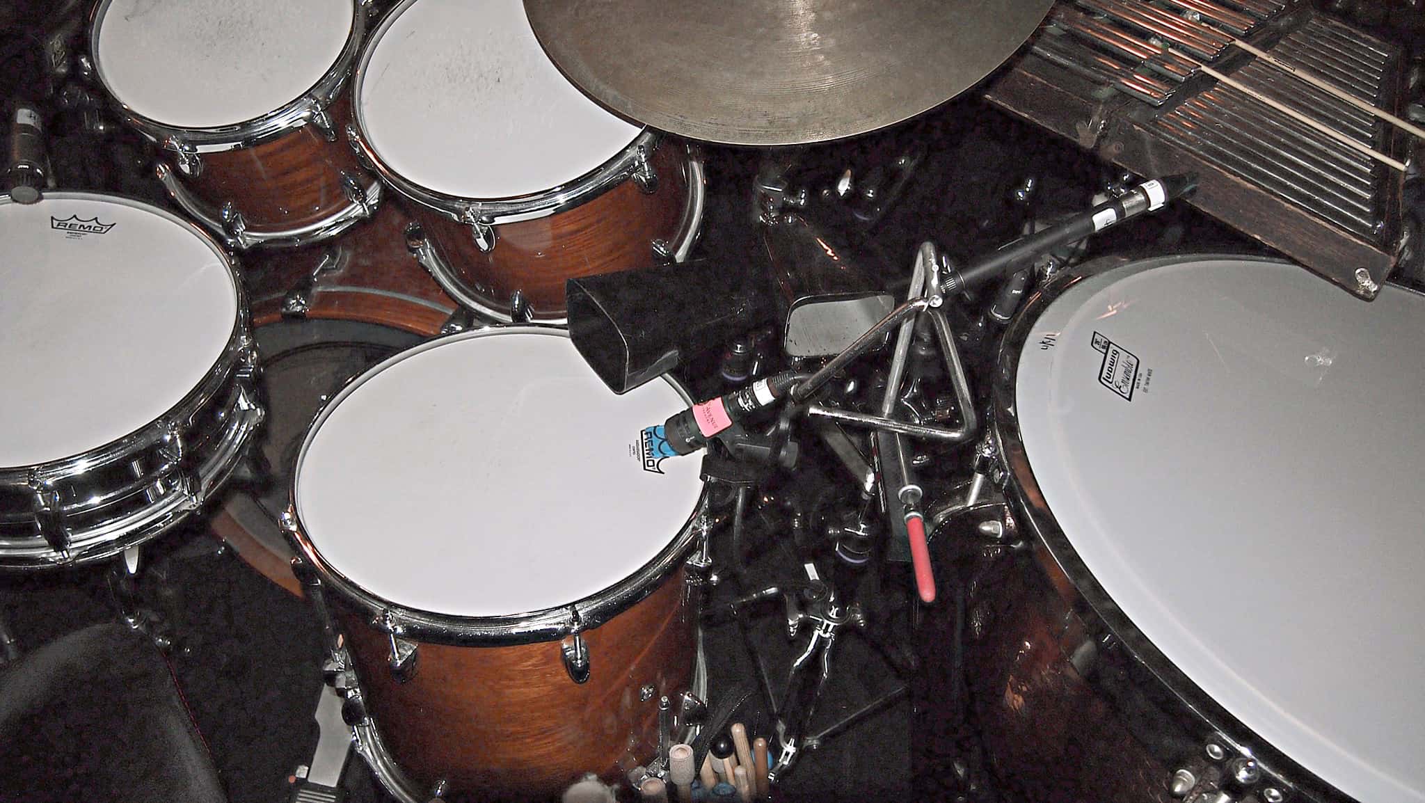 Alec Wilmart's drum set setup for West Side Story at the 5th Avenue Theatre in Seattle, Washington.