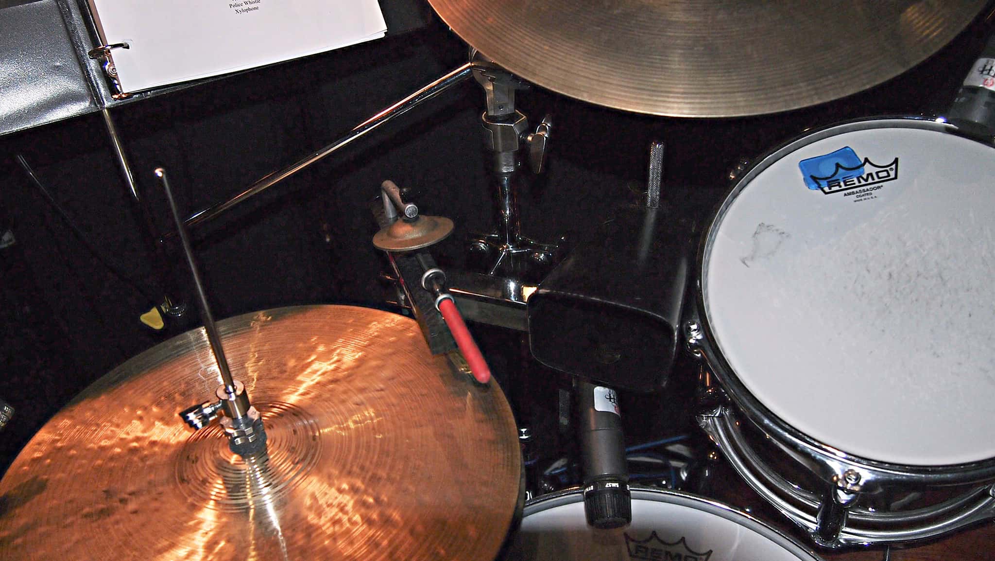 Alec Wilmart's drum set setup for West Side Story at the 5th Avenue Theatre in Seattle, Washington.