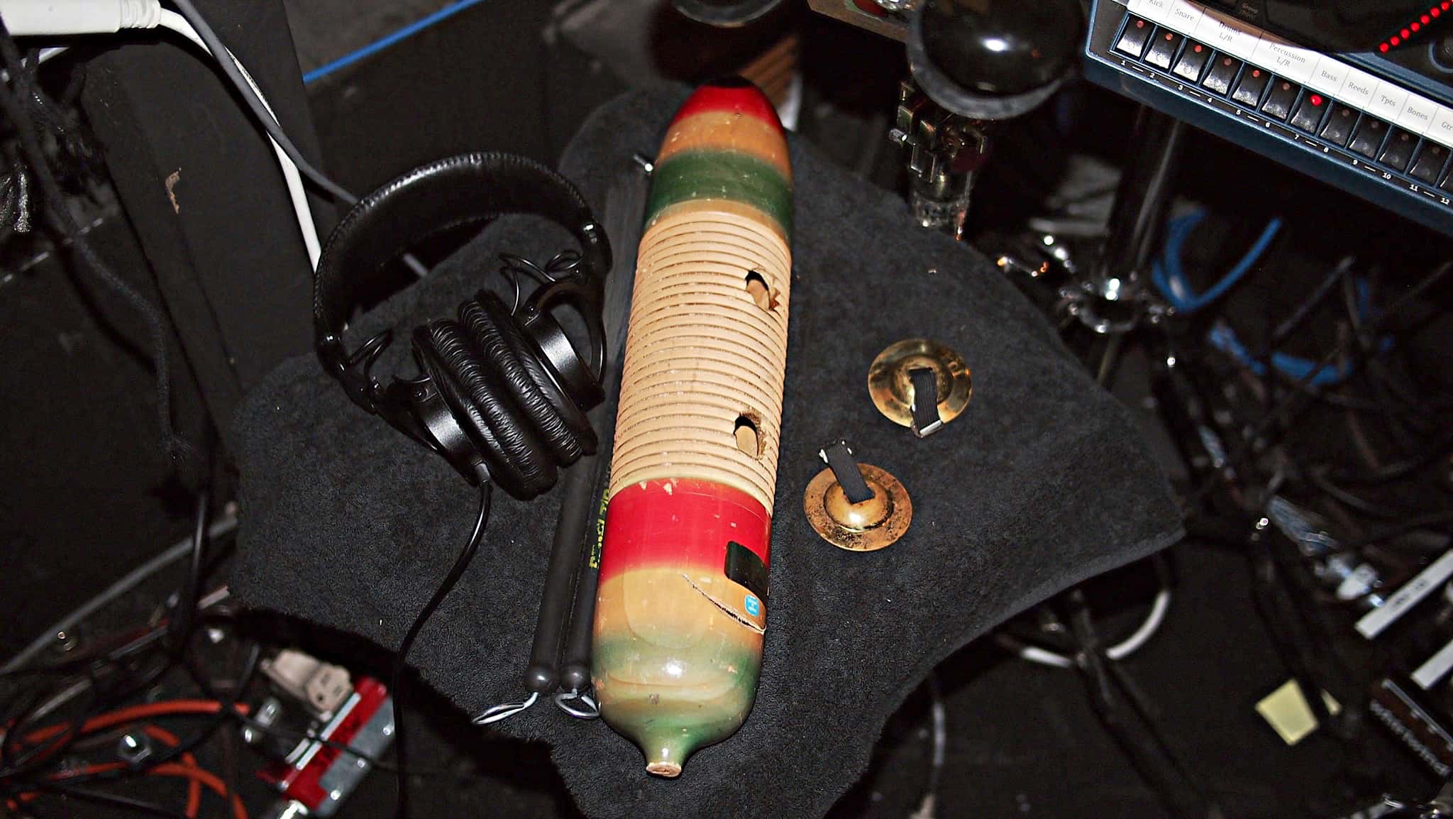 Alec Wilmart's drum set setup for West Side Story at the 5th Avenue Theatre in Seattle, Washington.