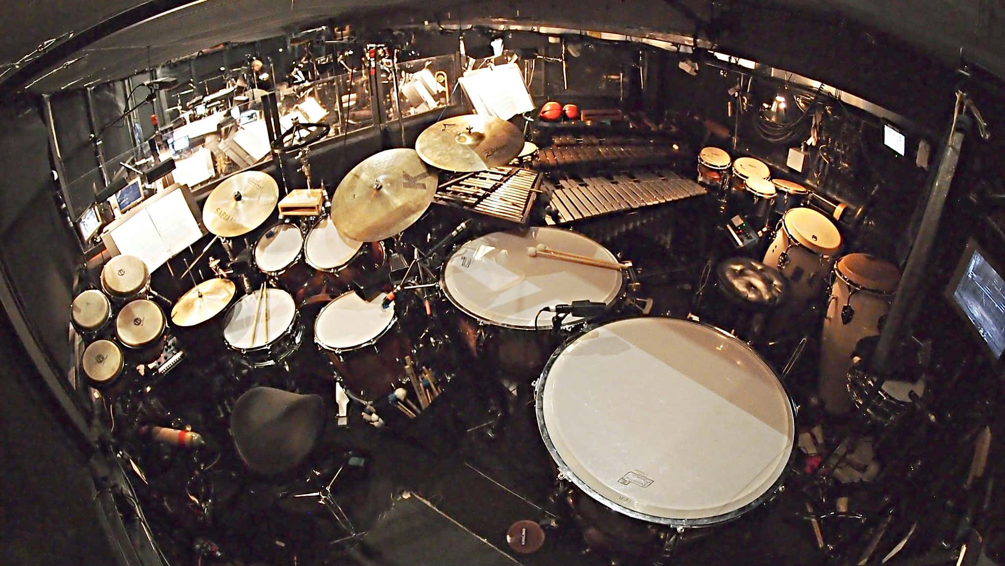Alec Wilmart's drum set setup for West Side Story at the 5th Avenue Theatre in Seattle, Washington.