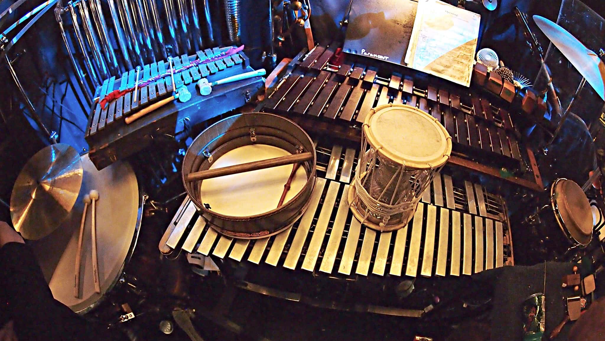 Paul Hansen’s percussion setup for the National Tour of Wicked at the Paramount Theater in Seattle, Washington.