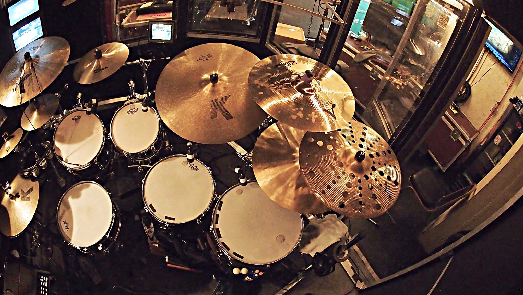 Tim Mulligan's drum set setup for the National Tour of Wicked at the Paramount Theater in Seattle, Washington.