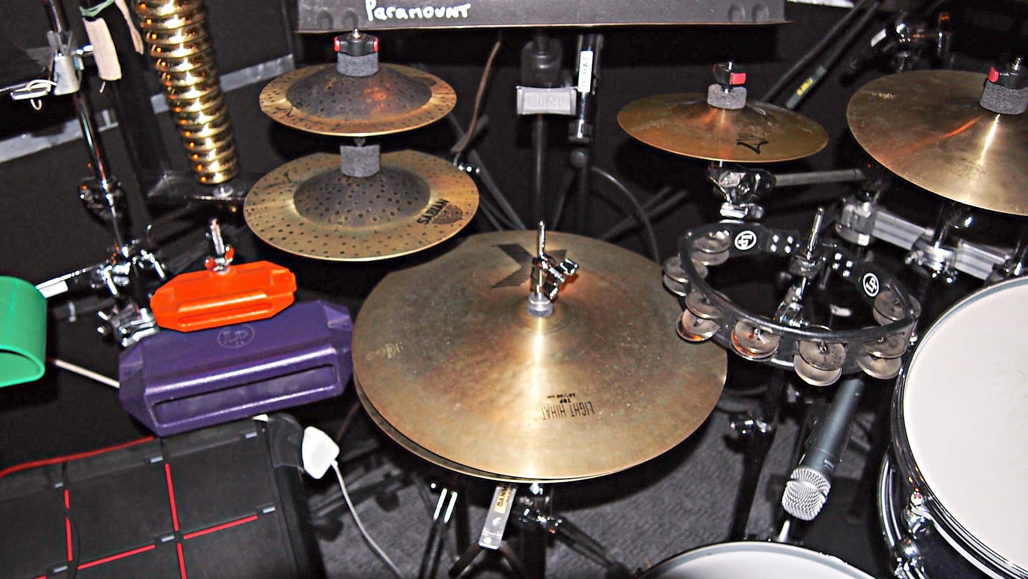 Tim Mulligan's drum set setup for the National Tour of Wicked at the Paramount Theater in Seattle, Washington.