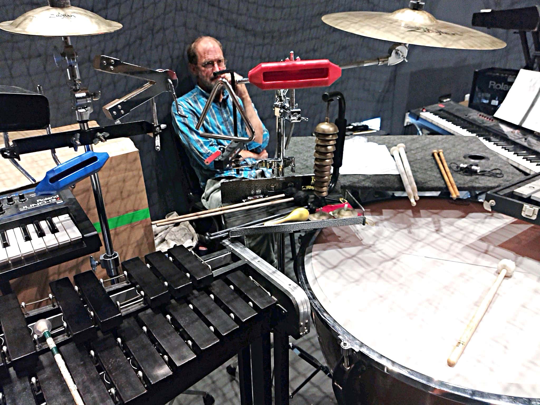 Rex Lycan’s percussion setup for The Little Mermaid at the Howard Brubeck Theatre in San Marcos, California.