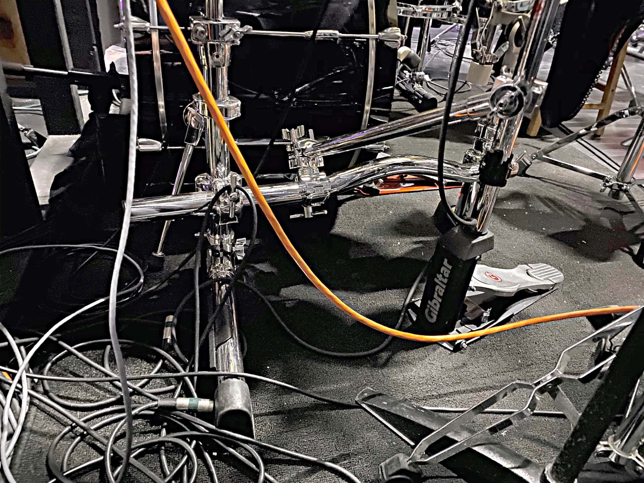 Jeremy Logan's drum set setup for Kiss Me Kate at the William R. Boone High School in Orlando, Florida.