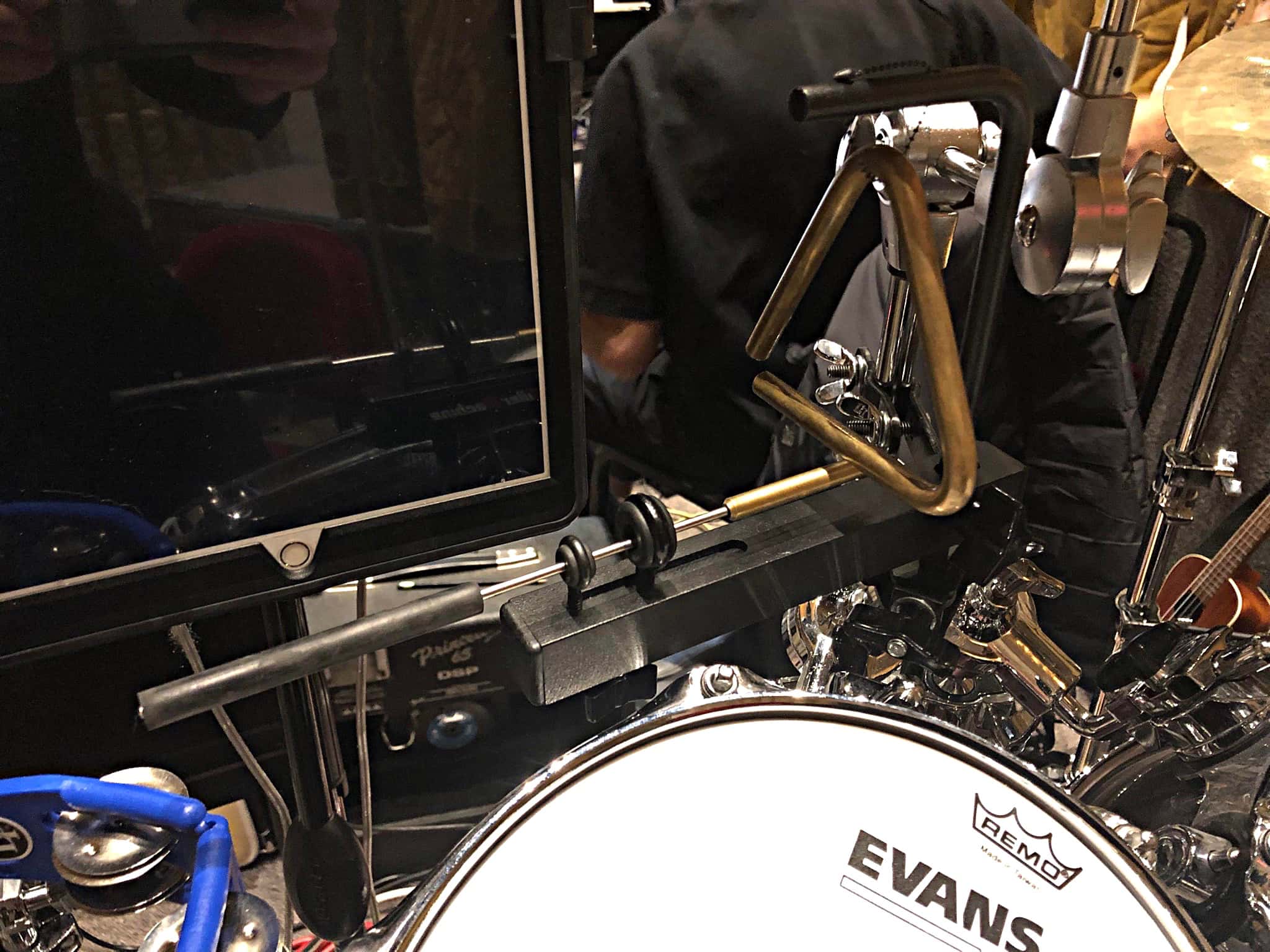 Carl Nelson's drum set setup for Shrek at the Calvin Christian High School, in Grandville, Michigan.