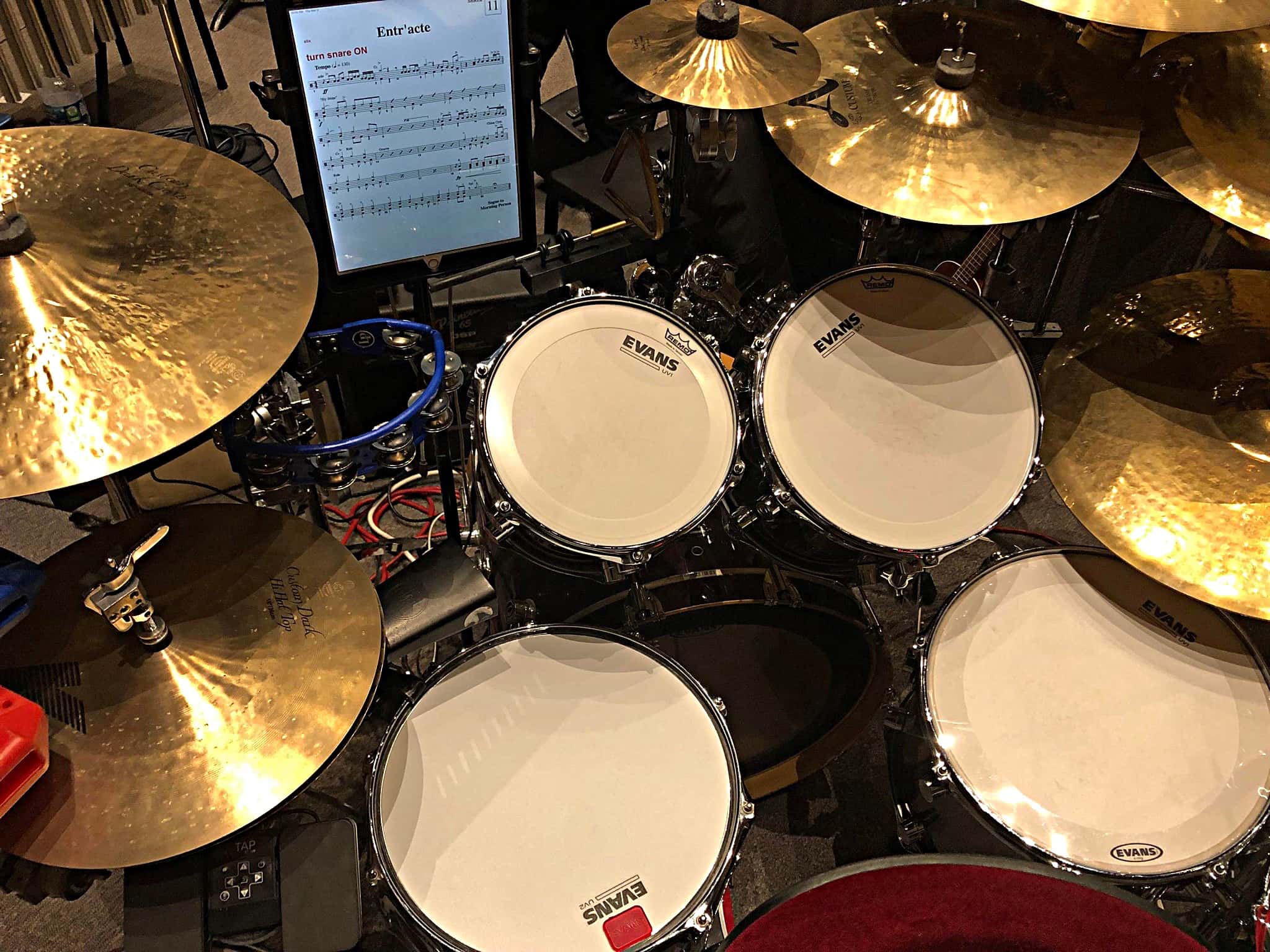 Carl Nelson's drum set setup for Shrek at the Calvin Christian High School, in Grandville, Michigan.